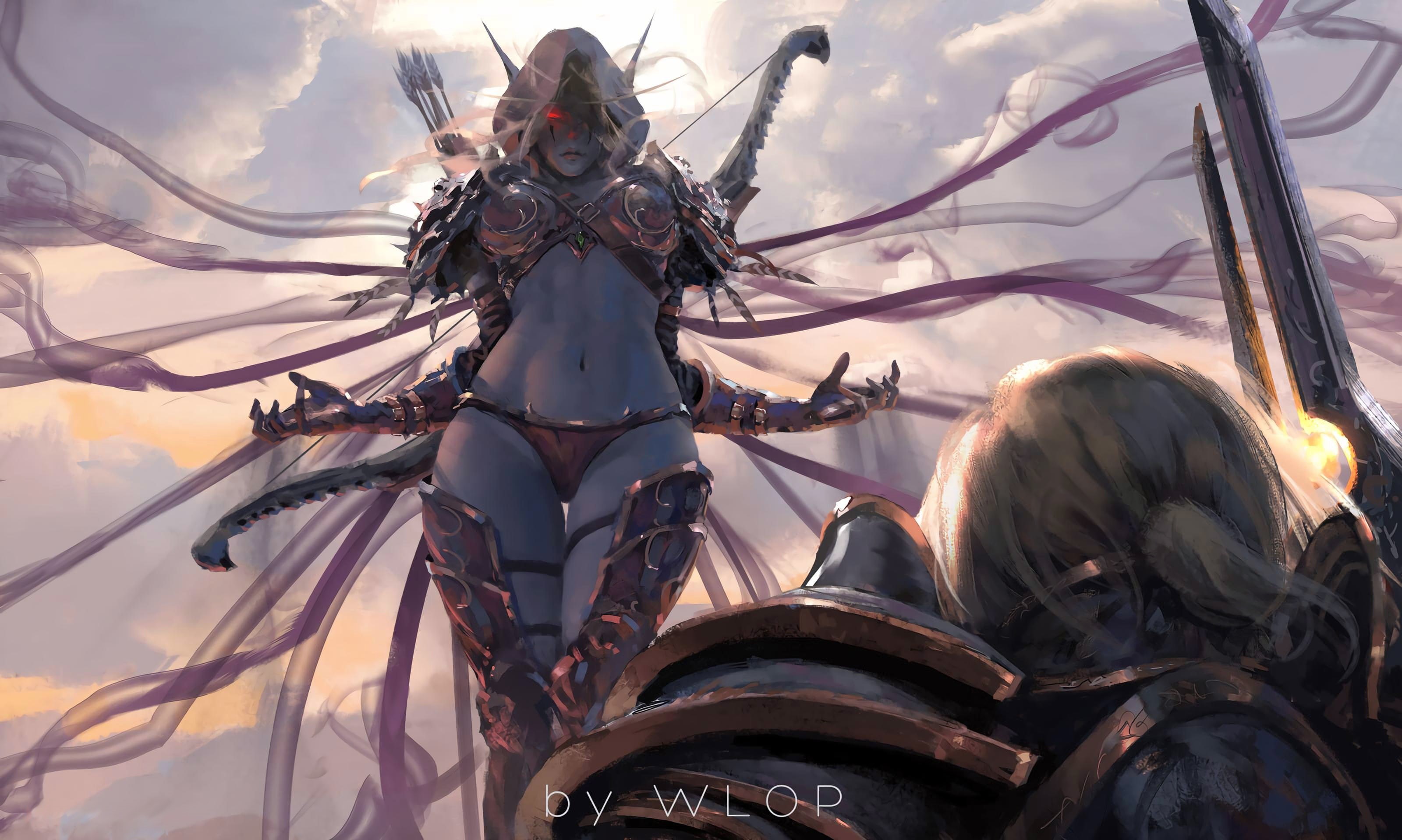 girl, game, weapons, painting, armor, pointed ears, red eyes, Anduin Wrynn, 2K, World of Warcraft, fantasy, sword, Warcraft, WLOP, hood, World of Warcraft: Battle for Azeroth, HD Wallpaper