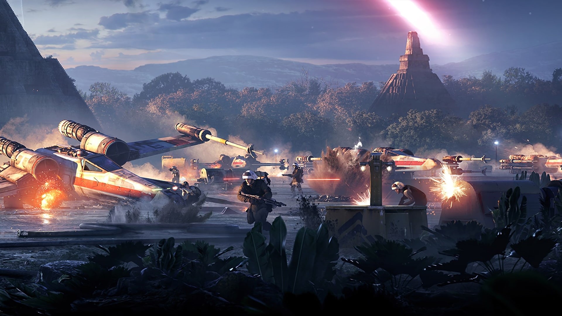 sky, battle, water, building, city, Rebel Alliance, cold temperature, Star Wars, Yavin 4, built structure, night, video games, dusk, no people, nature, HD Wallpaper