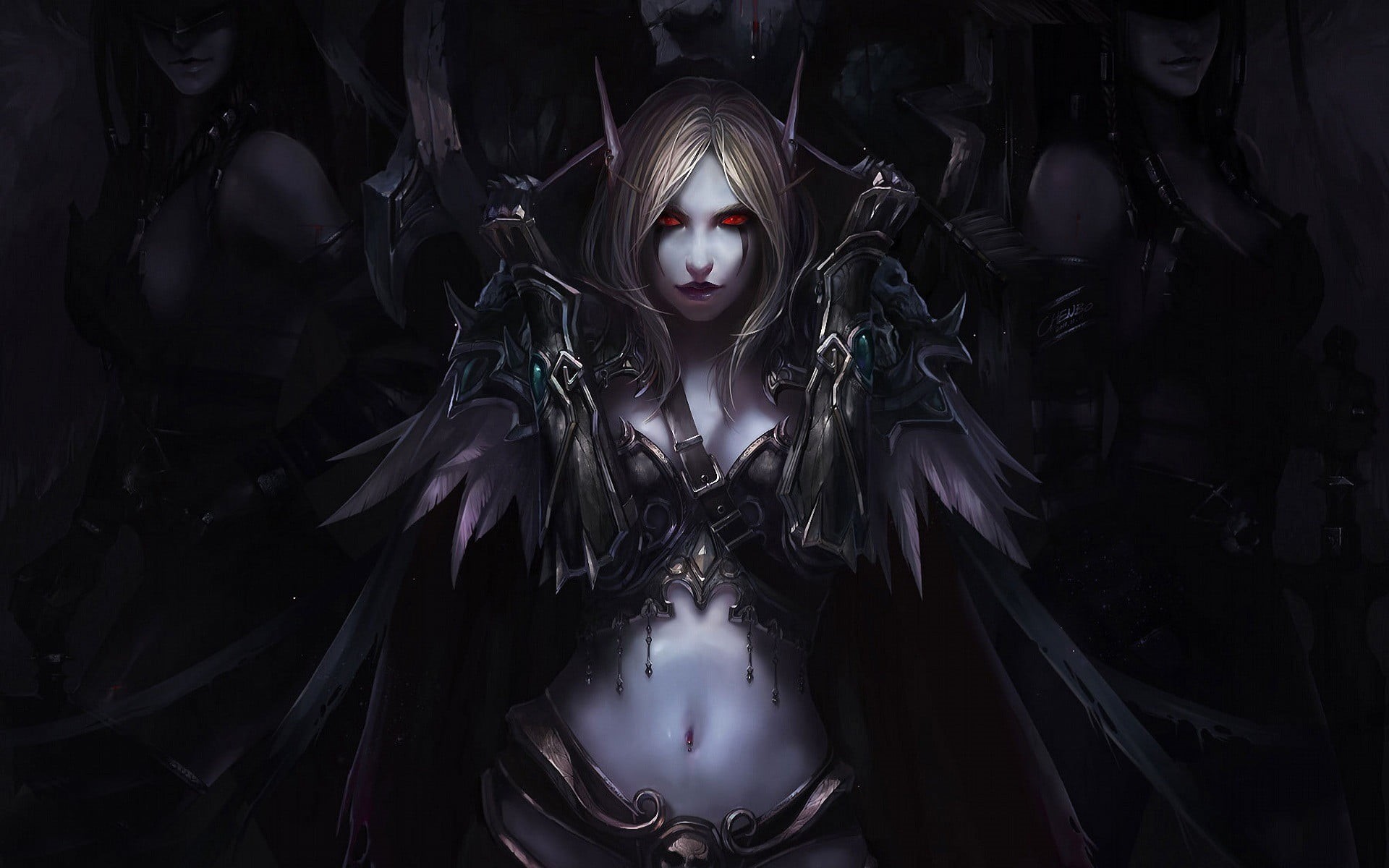 art and craft, gothic Style, waist up, long hair, evil, surrealism, adult, 1080P, Sylvanas Windrunner, women, glamour, Warcraft, black background, females, HD Wallpaper