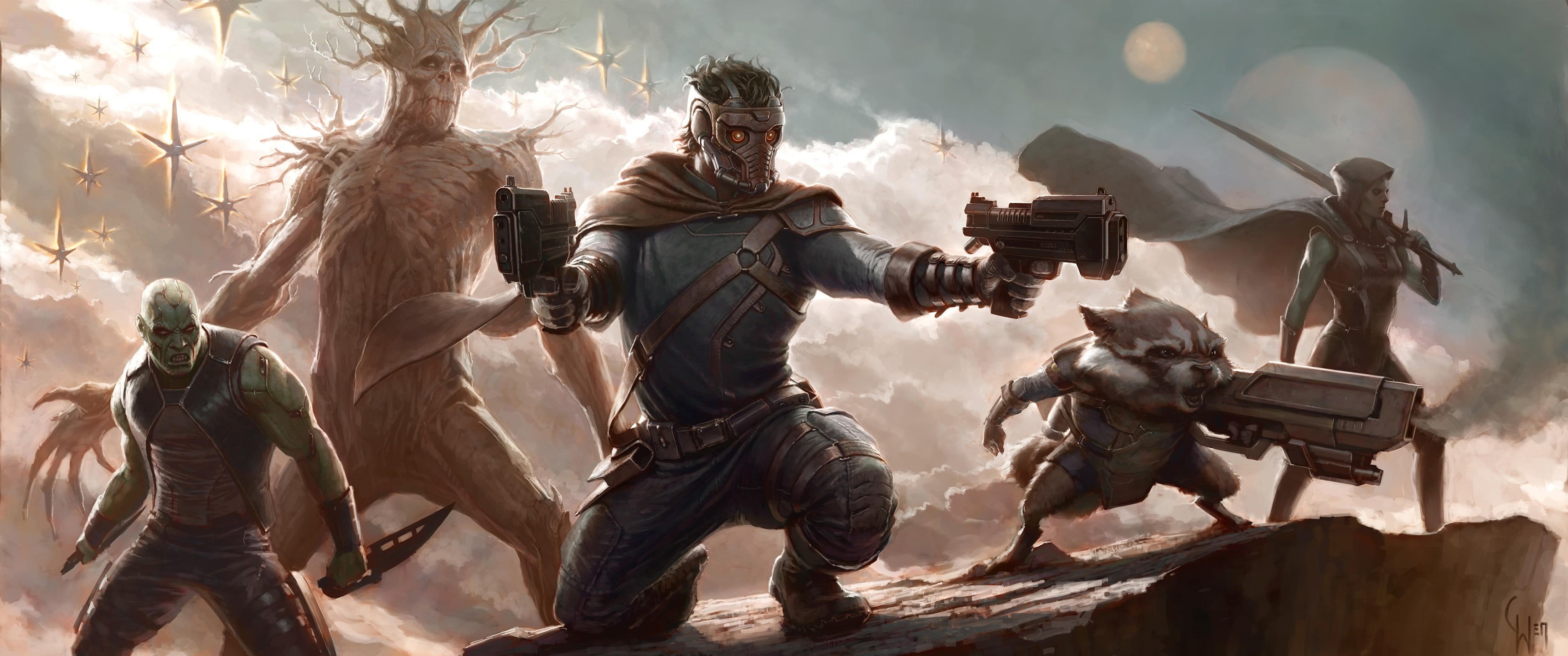 Guardians of the Galaxy, fighting, young men, army soldier, war, Groot, the past, guardian, people, weapon, battle, armed forces, government, Drax the Destroyer, HD Wallpaper