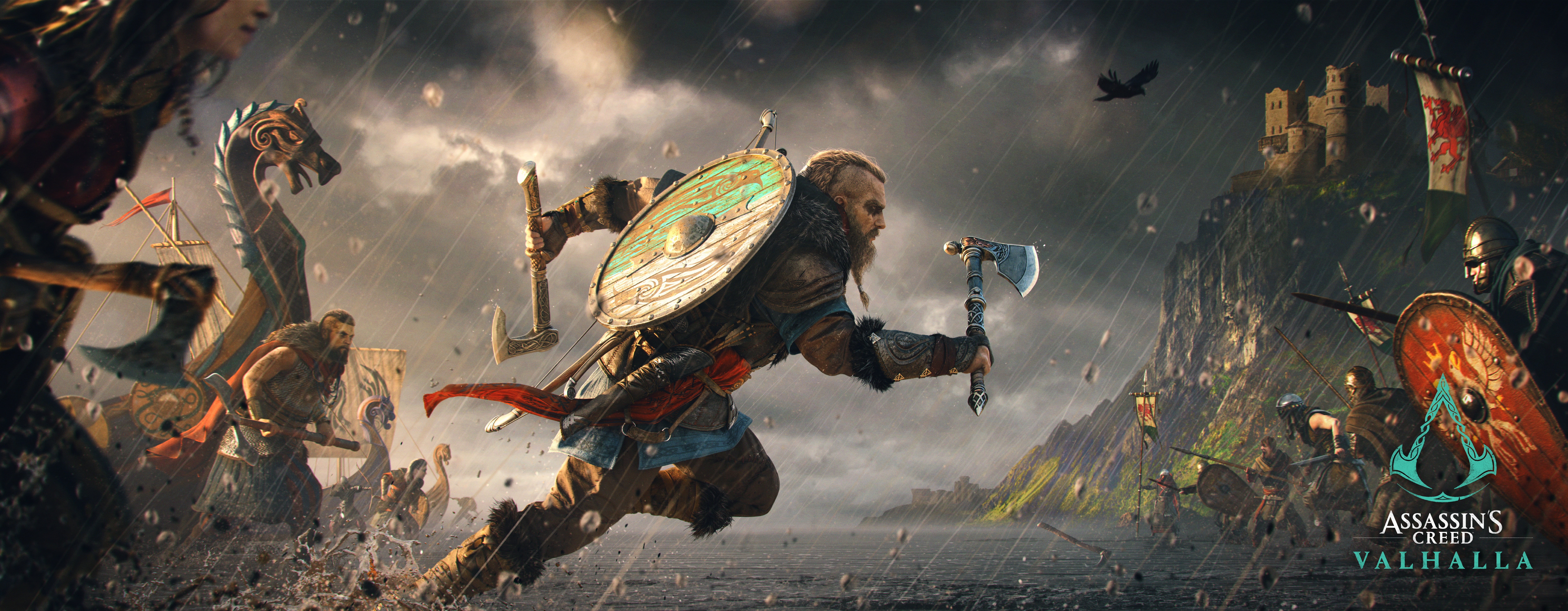 Assassins Creed: Valhalla, digital art, Axe, ultrawide, viking, video games, boat, ultra-wide, video game art, 8K, HD Wallpaper