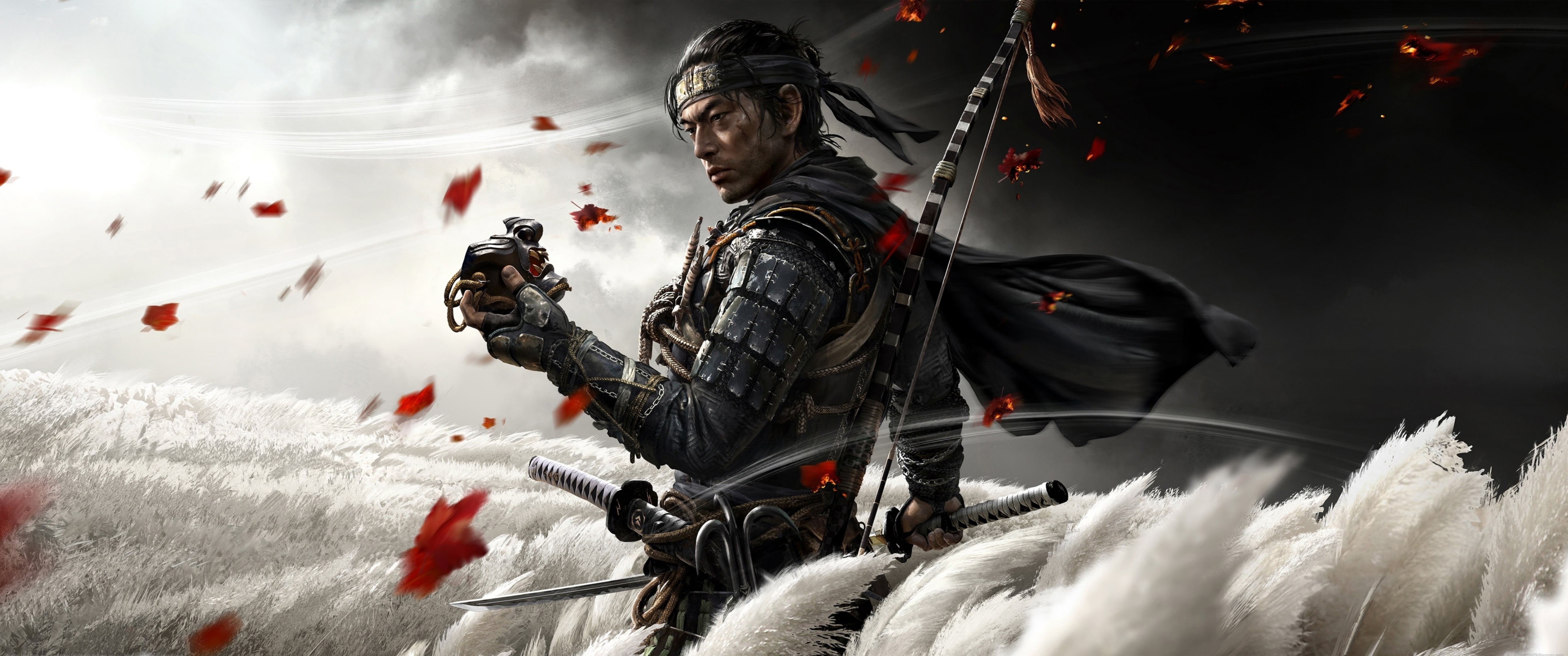 ultrawide, Ghost of Tsushima, digital art, video games, samurai, Ronin, katana, ultra-wide, video game art, 5K, HD Wallpaper