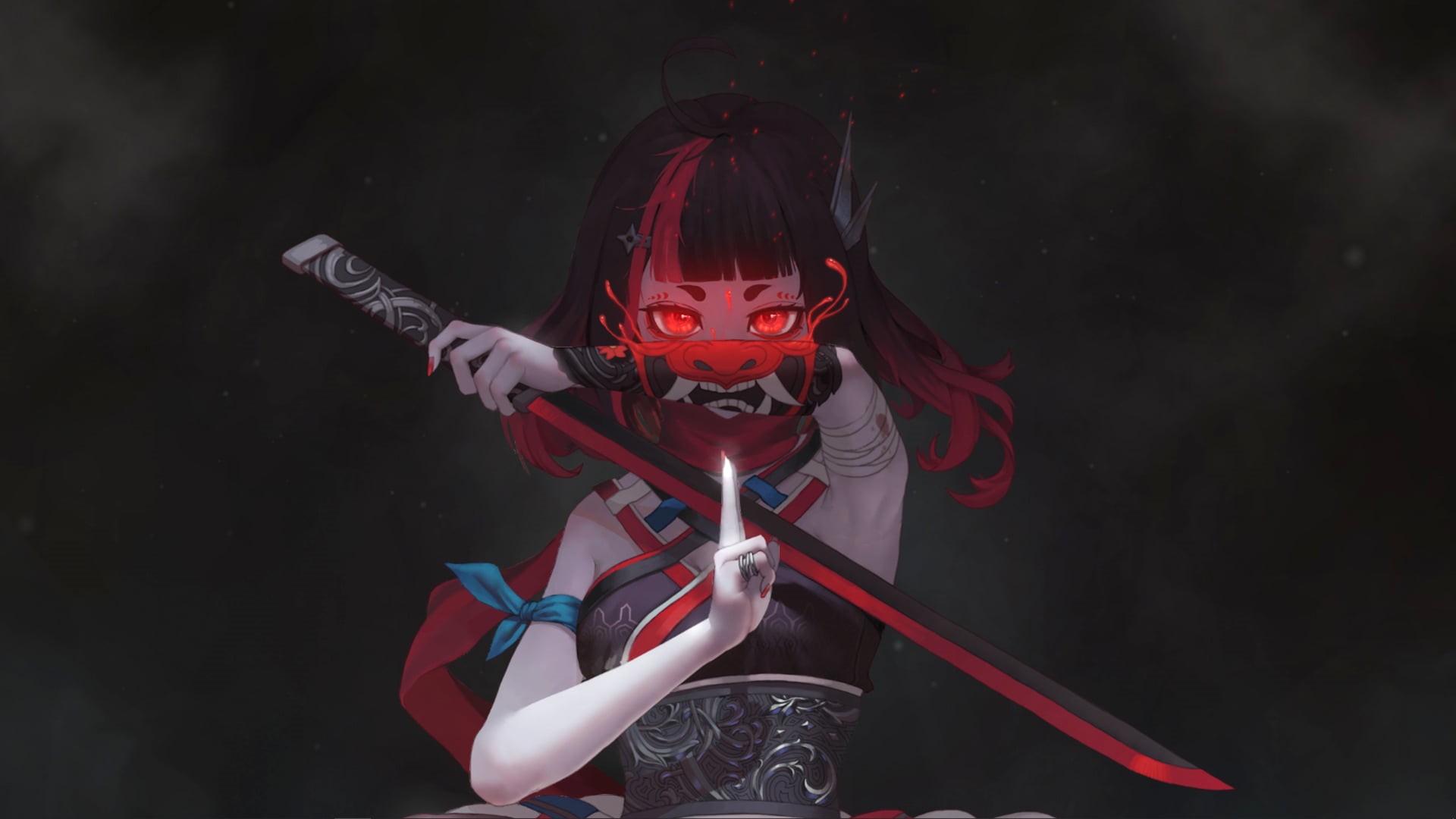 Devil, sword, anime girls, red, ninja girl, anime, fan art, 1080P, HD Wallpaper
