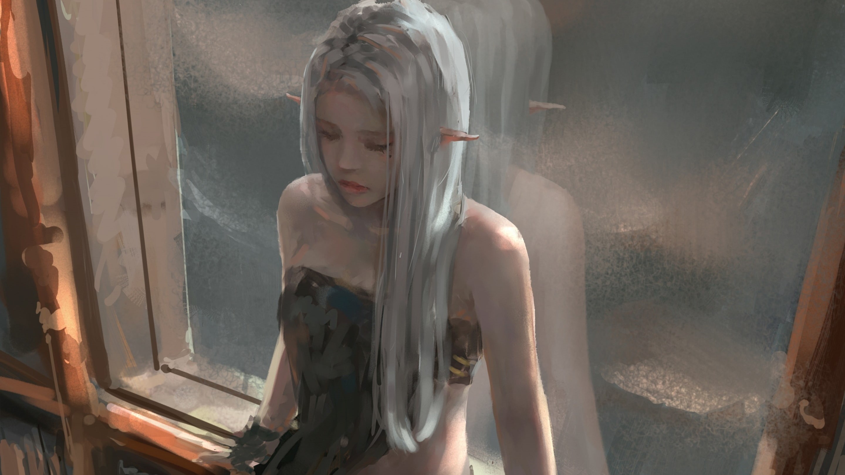 hairstyle, waist up, digital art, holding, contemplation, window, 2K, indoors, WLOP, three quarter length, beauty, pointed ears, white hair, fantasy art, HD Wallpaper