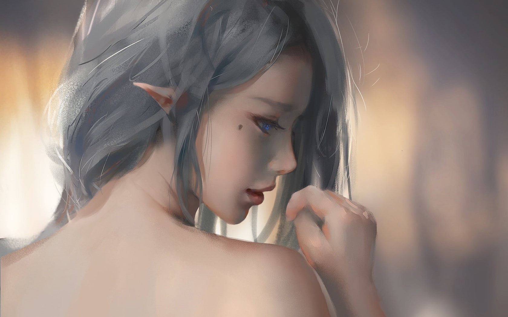 fantasy Art, 720P, WLOP, elves, blue eyes, Elven Ears, Grey Hair, Bare Shoulders, painting, HD Wallpaper