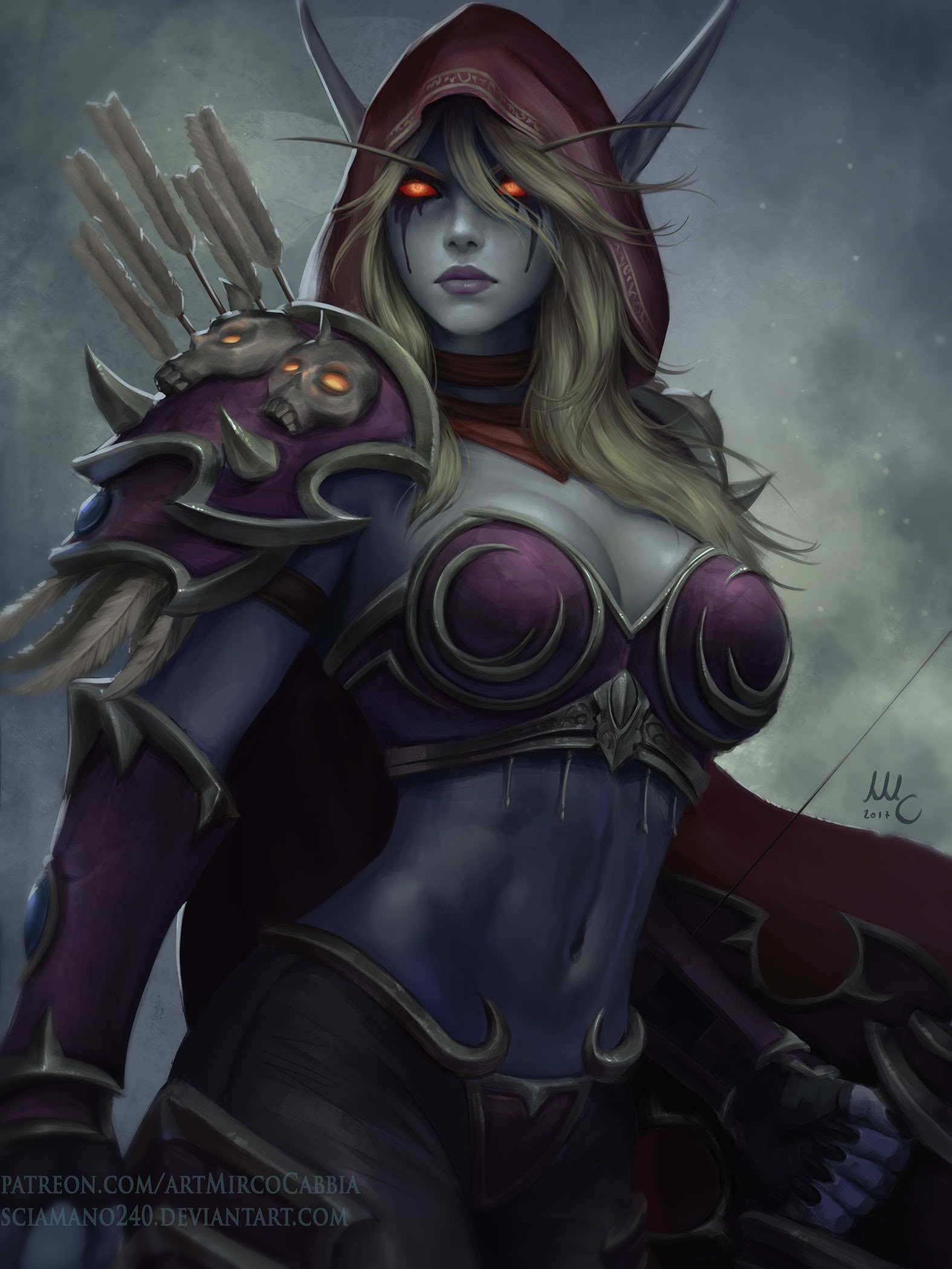 World of Warcraft, Sylvanas Windrunner, blonde, cleavage, Warcraft, Queen of the Forsaken, belly, artwork, women, video games, 1080P, red eyes, Mirco Cabbia, Phone HD Wallpaper