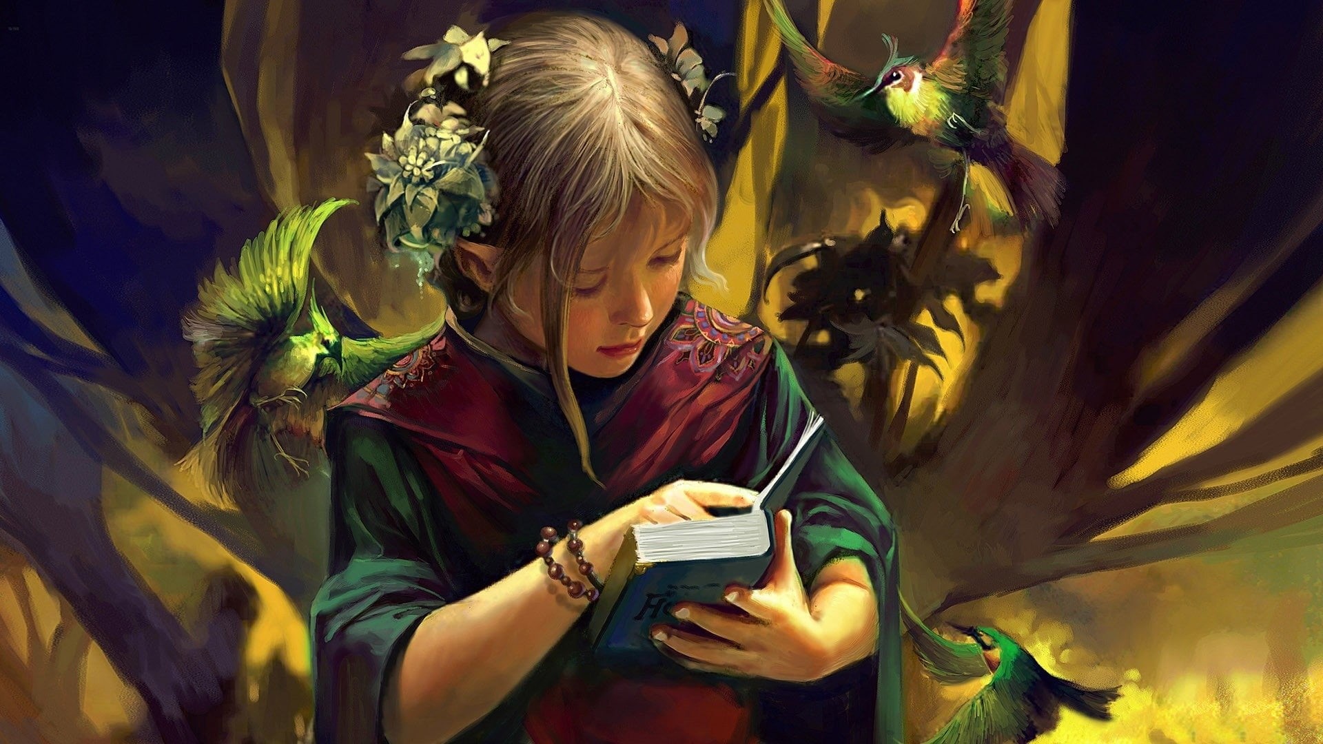 technology, Fantasy, looking, flower, plant, Child, wireless technology, leisure activity, flowering plant, girls, nature, reading, childhood, hair, Elf, HD Wallpaper