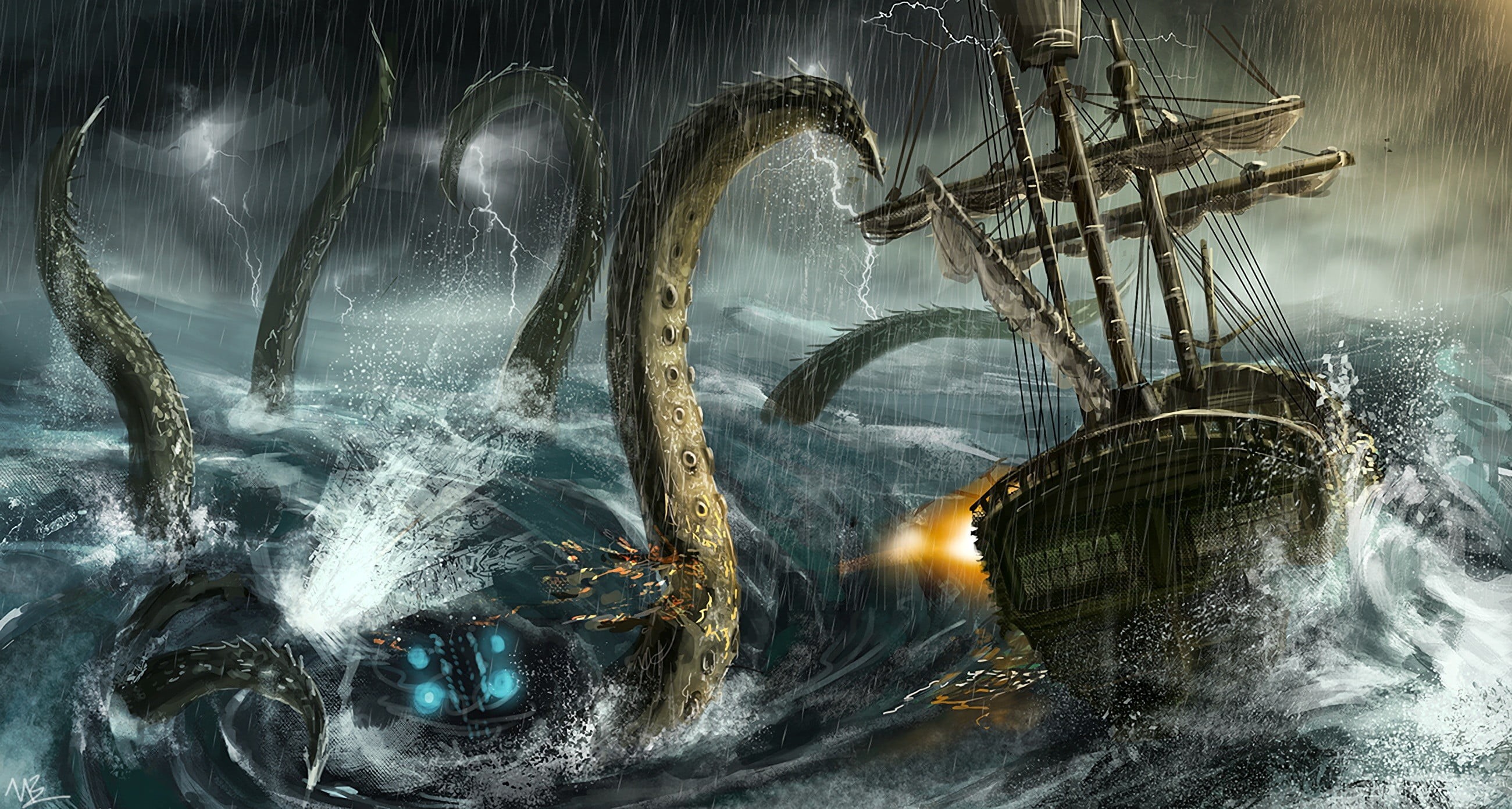 nature, illuminated, splashing, transportation, motion, tentacles, day, long exposure, water, fantasy art, digital composite, no people, rain, sailing ship, HD Wallpaper