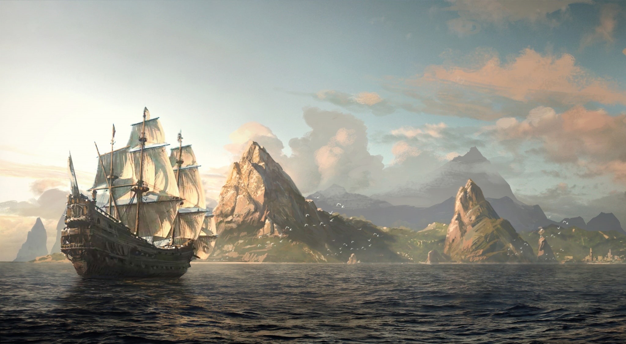 1080P, flag, mode of transportation, Ship, scenics - nature, water, sky, day, no people, tranquil scene, sailing, sailboat, brown, mountain, HD Wallpaper