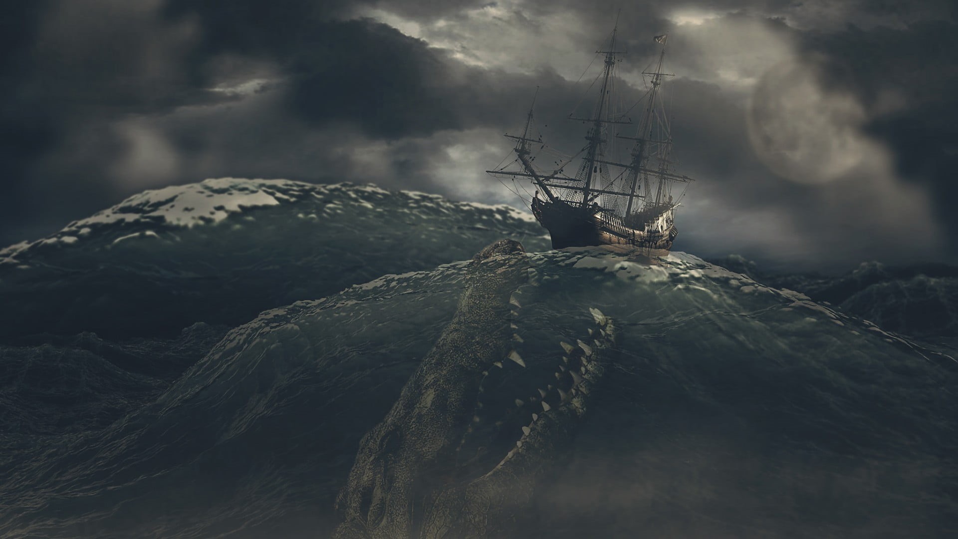 tranquility, remote, rock, beauty in nature, outdoors, sea, sky, solid, fangs, belief, nature, sea monsters, religion, digital art, Moon, storm, no people, HD Wallpaper