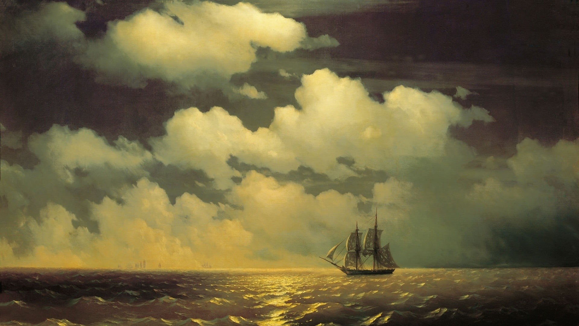 sinking, sailboat, waves, industry, mode of transportation, sailing ship, artwork, sea, sky, no people, horizon, textured effect, 1080P, cloud - sky, tall ship, HD Wallpaper