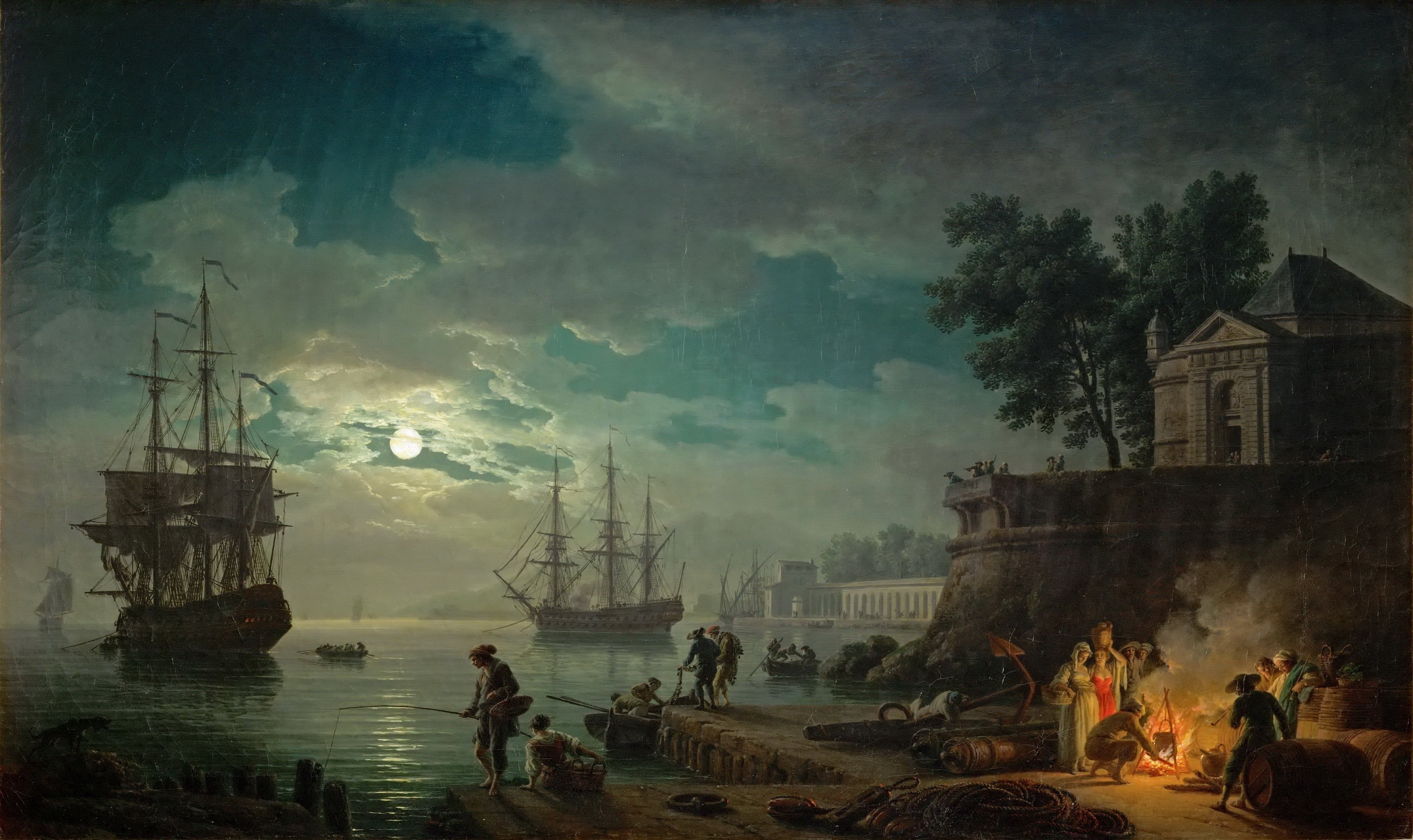 night, textured effect, water, people, rock, women, clouds, medium group of people, cloud - sky, building exterior, boat, boats, artwork, dog, group, fisherman, HD Wallpaper
