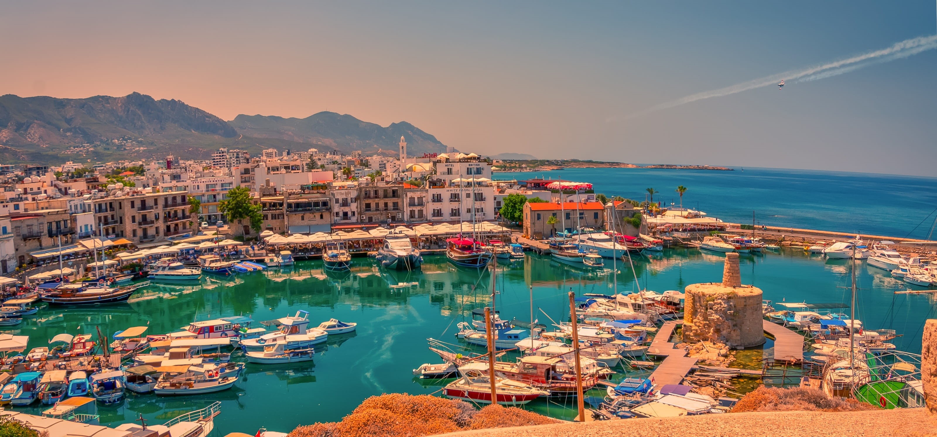 cityscape, sea, land, nature, mode of transportation, north cyprus, architecture, building, beach, sky, cypress, mountain, port, built structure, no people, HD Wallpaper