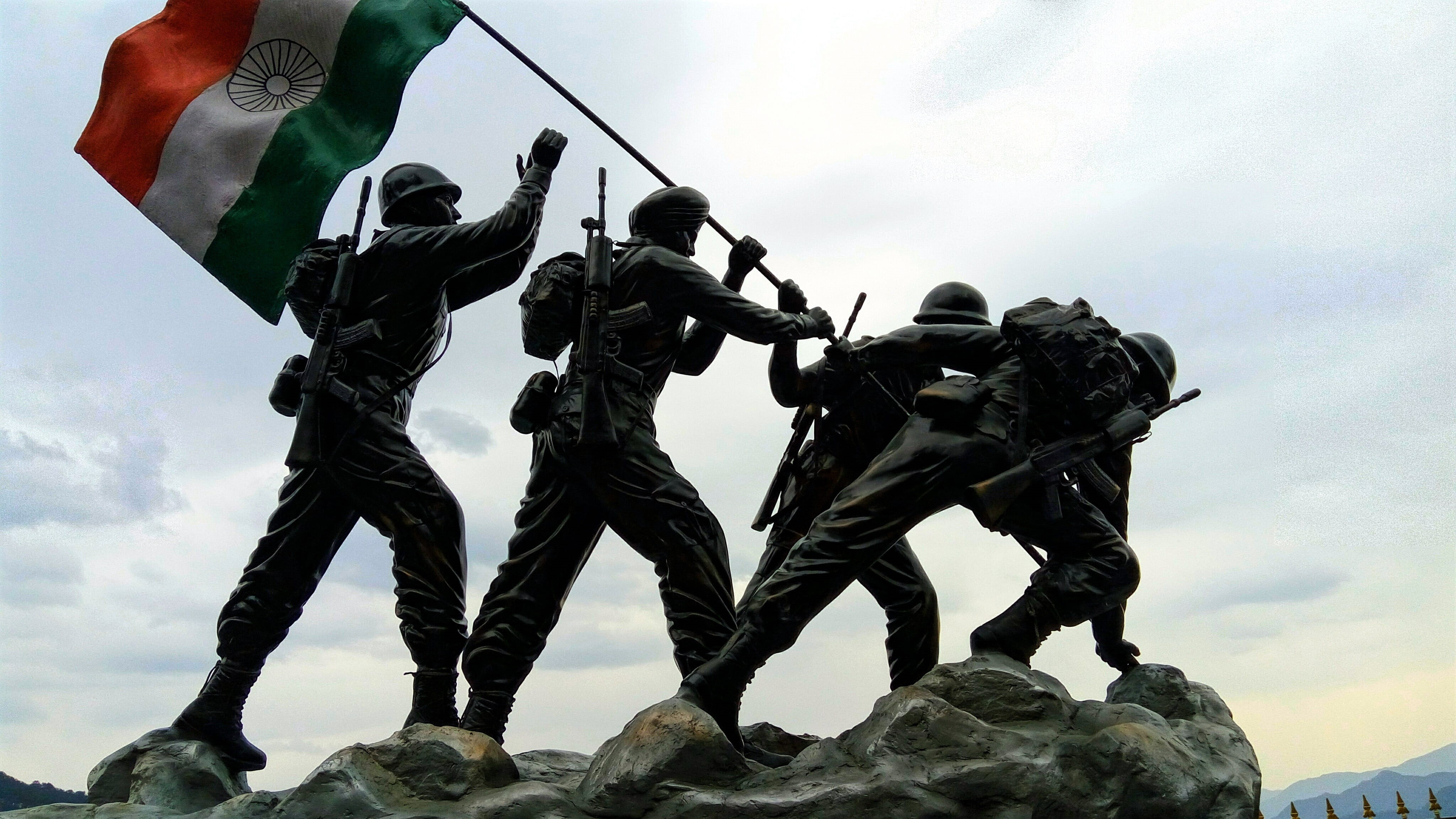 cloud - sky, flag, statue, sport, safety, holding, uniform, military uniform, war, conflict, armed forces, 4K, sky, soldier, indian, kargil, indian flag, HD Wallpaper