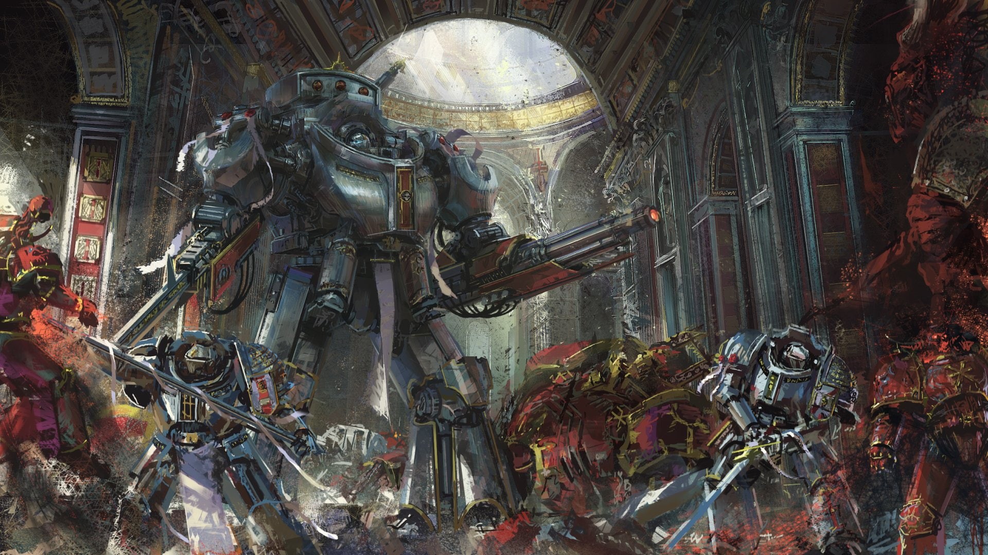 destruction, low angle view, Warrior, religion, mode of transportation, Battle, Sword, place of worship, land vehicle, Warhammer, indoors, city, transportation, HD Wallpaper