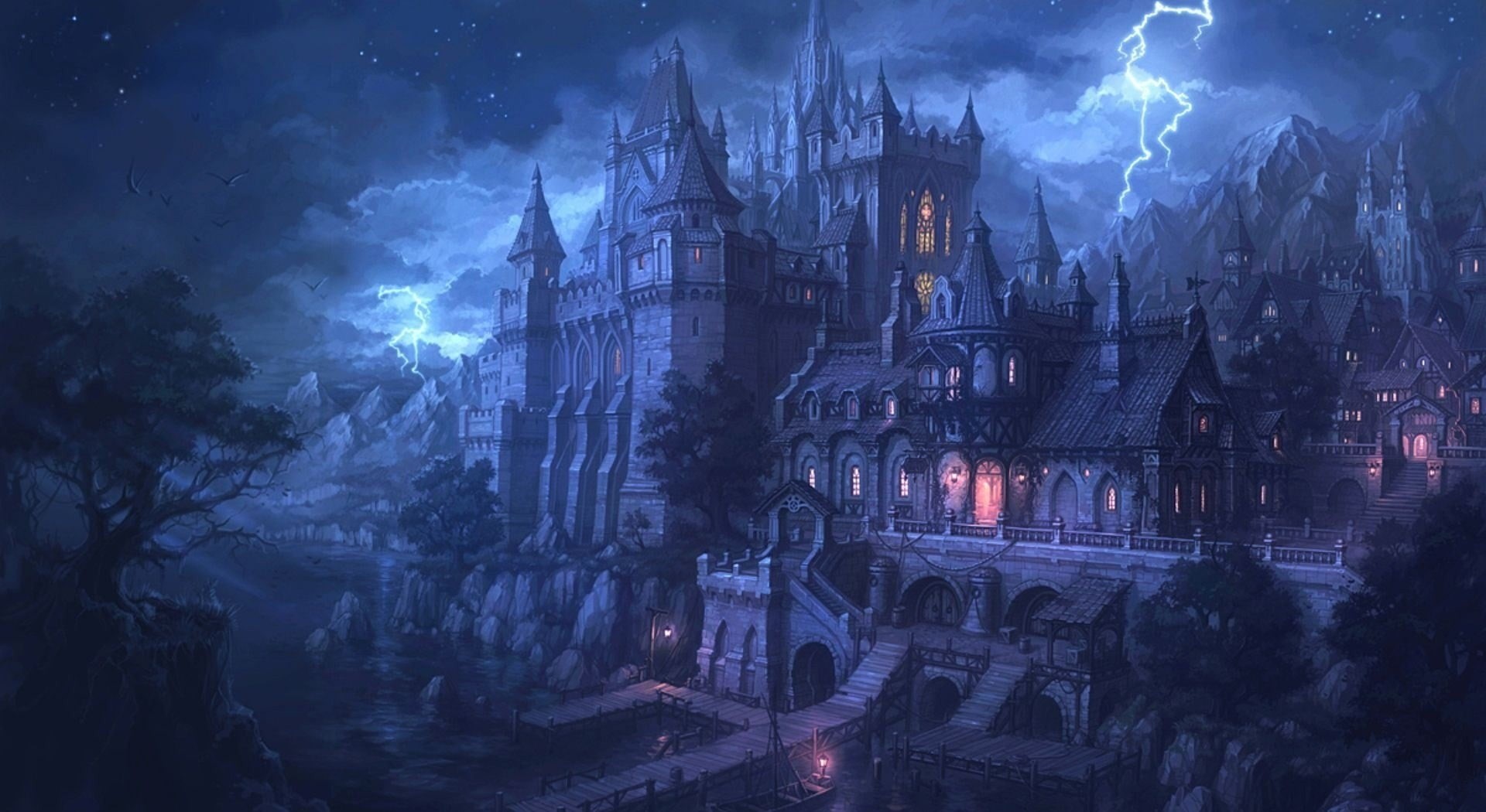 gothic style, artwork, religion, 1080P, dusk, city, belief, illuminated, spooky, building, architecture, place of worship, no people, history, night, fantasy art, HD Wallpaper
