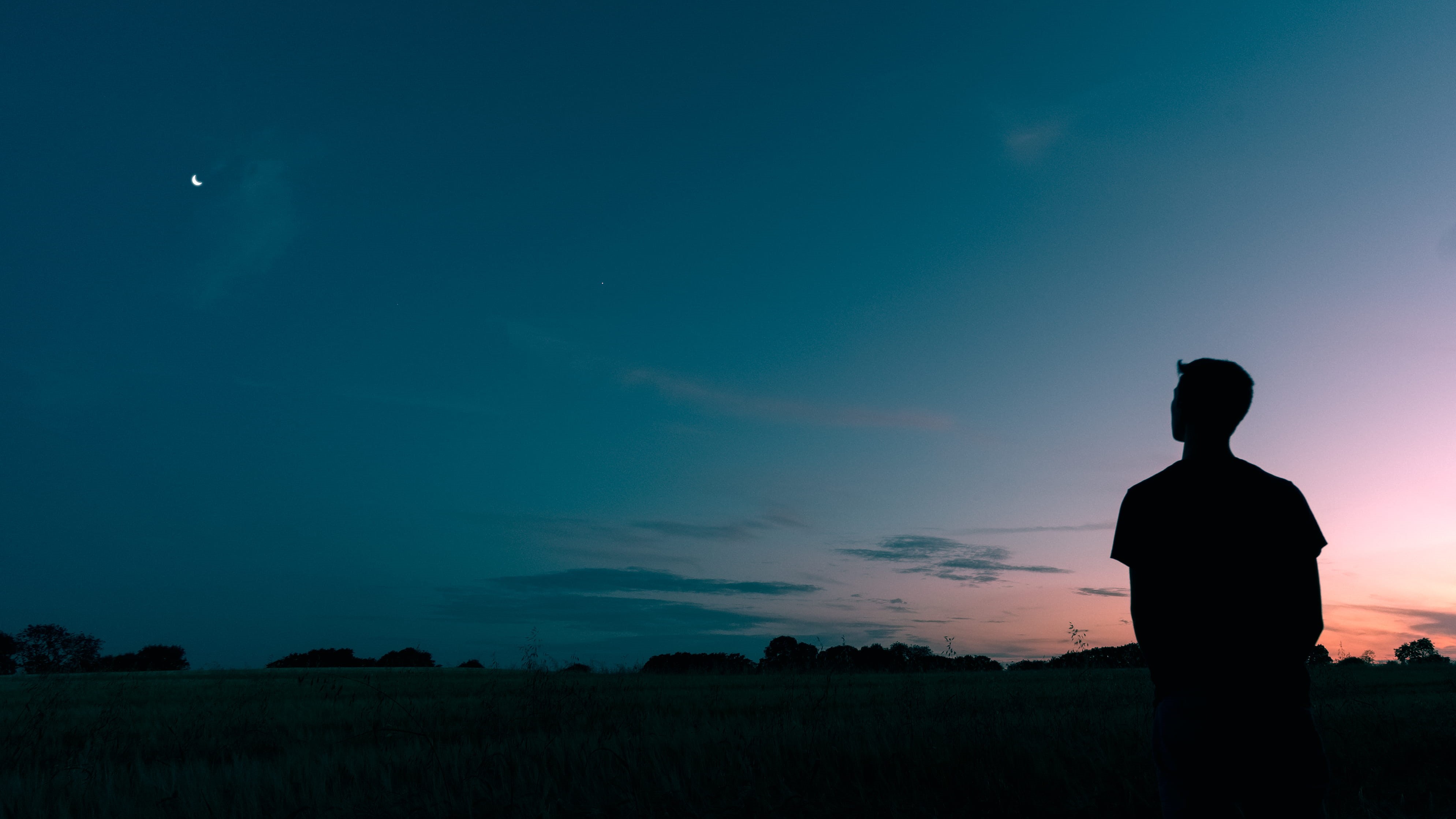 emotion, rear view, beauty in nature, scenics - nature, looking at view, spirituality, cloud - sky, tranquil scene, looking, silhouette, field, man, starring, HD Wallpaper