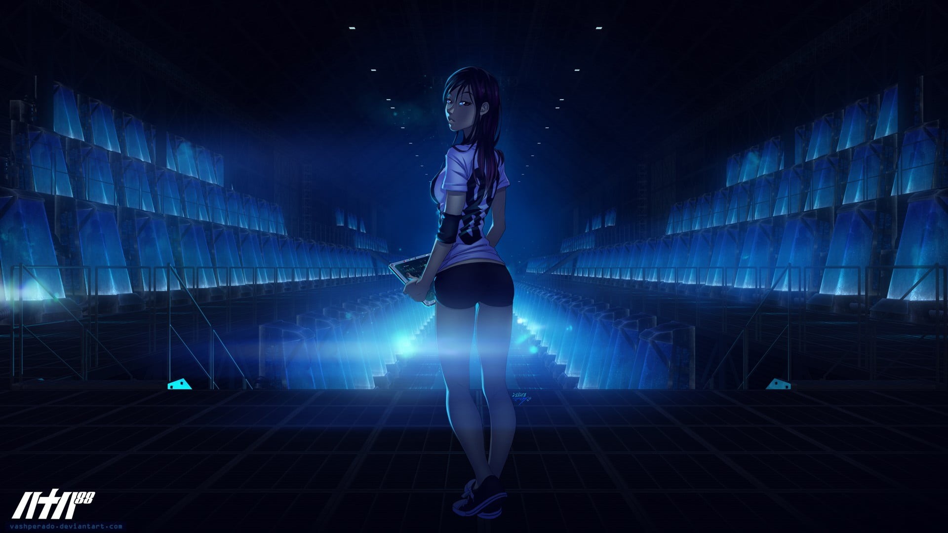 sport, original characters, dark, casual clothing, illustration, futuristic, laser, anime girls, looking back, standing, 1080P, teenage Girls, urban Scene, HD Wallpaper
