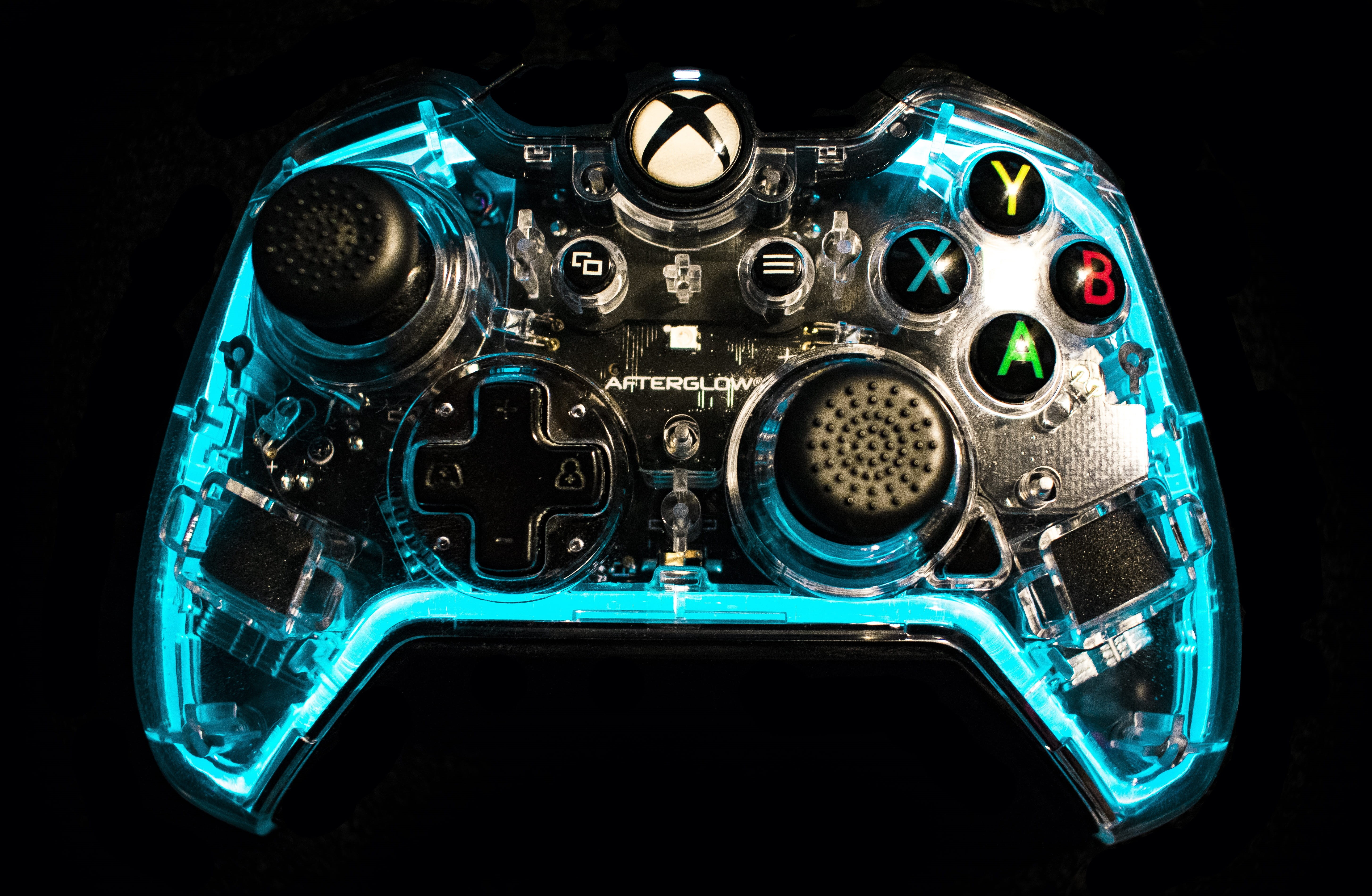 controller, console, science, entertainment, fun, connection, studio shot, one, Console, blue, illuminated, videogame, macro, computer chip, black, high angle view, HD Wallpaper