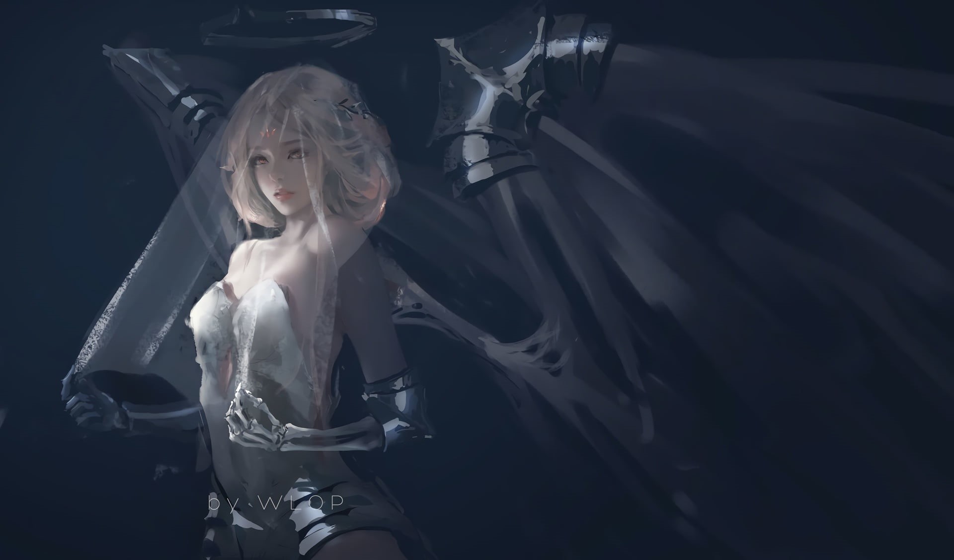 female, females, robotic, WLOP, real people, clothing, black background, one person, young women, lifestyles, front view, digital, young adult, wings, anime, HD Wallpaper