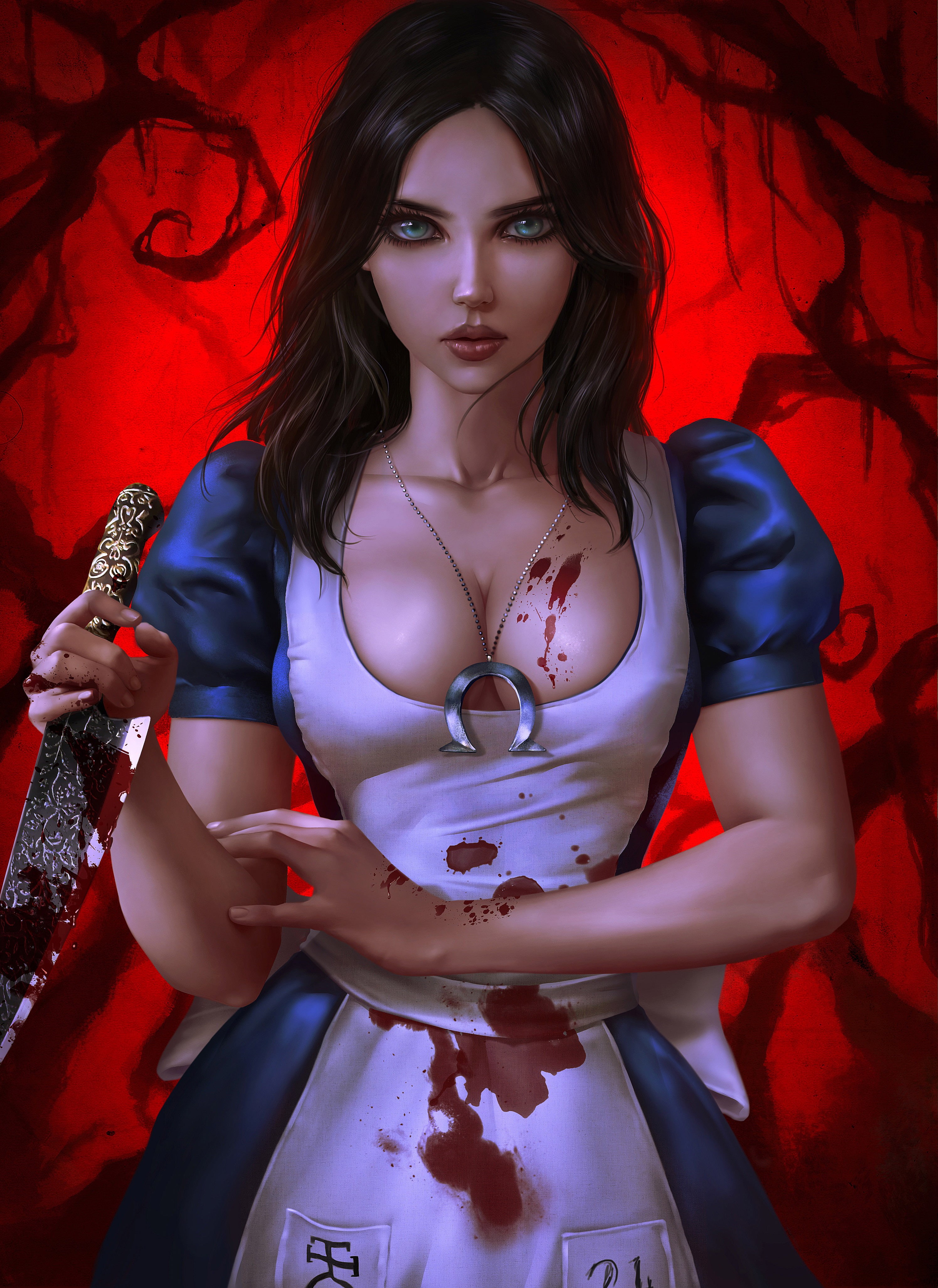 young women, Alice, brunette, indoors, evil, Alice: Madness Returns, artwork, portrait, front view, knife, standing, looking at camera, fashion, blue eyes, Phone HD Wallpaper