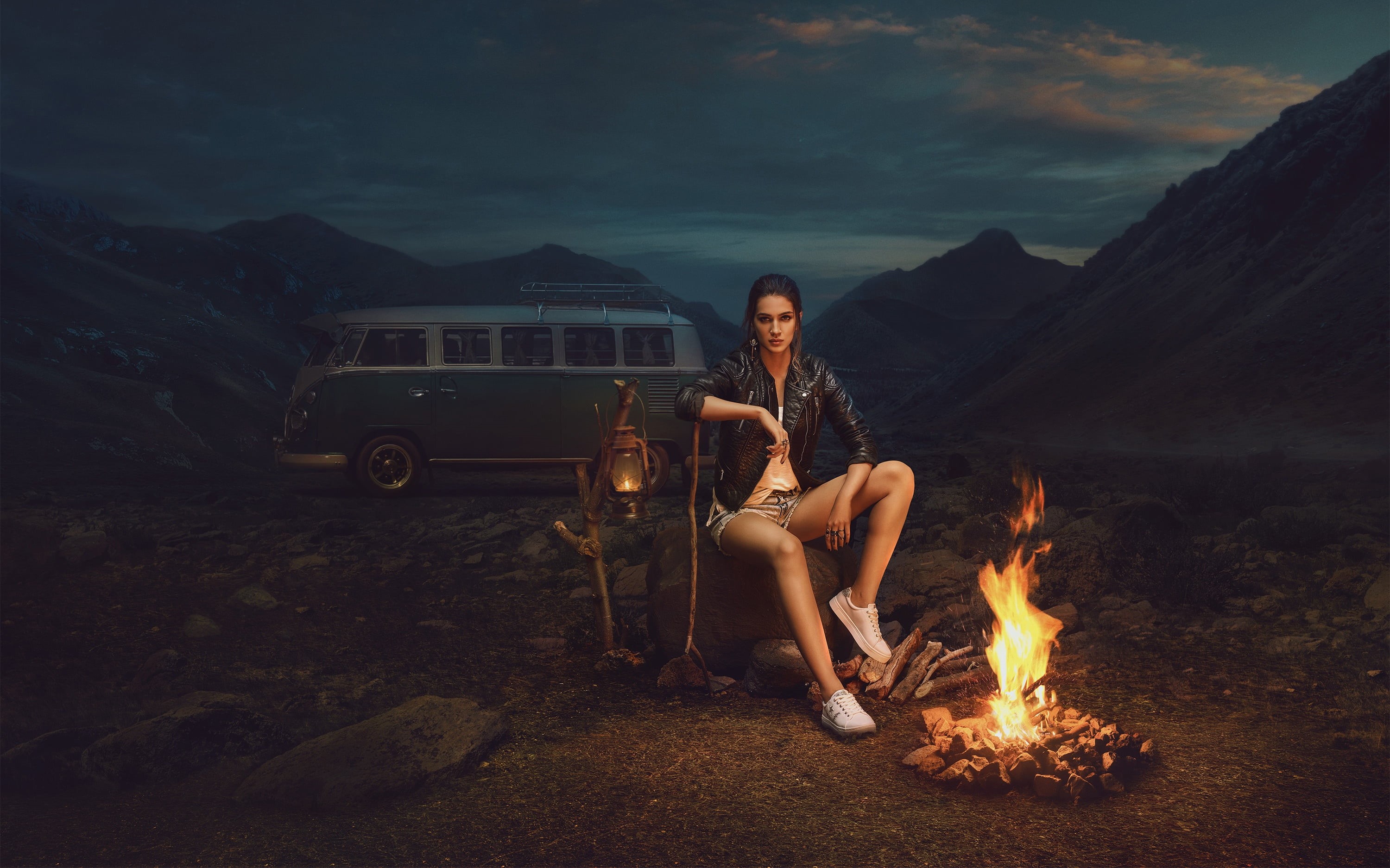 outdoors, car, people, looking at viewer, full length, young adult, Kriti Sanon, fire, portrait, 2K, leisure activity, leather jackets, flame, campfire, HD Wallpaper