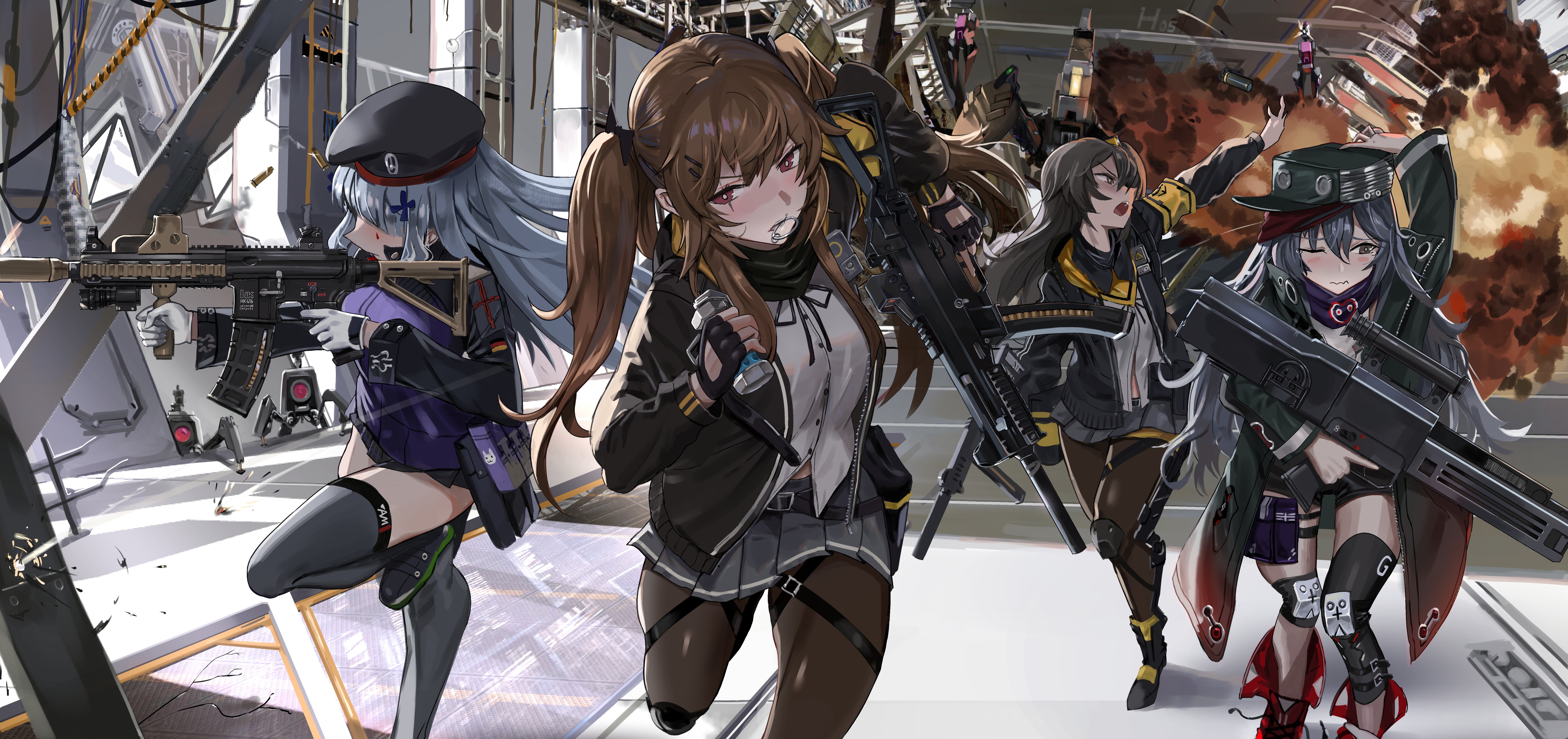 character, women, black stockings, headdress, skirt, girls with guns, real people, explosion, indoors, protection, togetherness, girls, day, occupation, HD Wallpaper