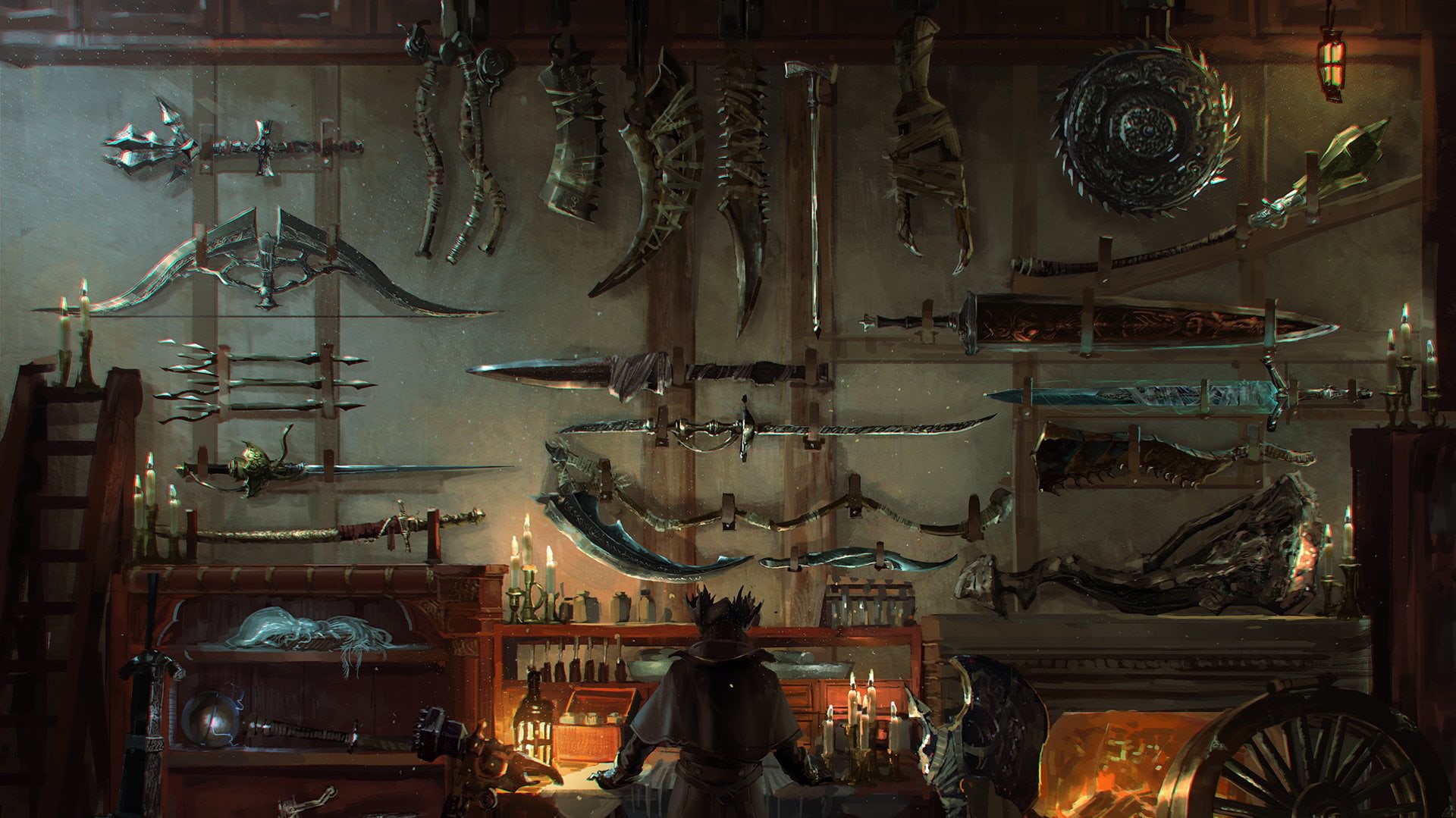 weapons, architecture, illuminated, wall, games art, digital, 1080P, Bloodborne, food, real people, human representation, occupation, retail, representation, HD Wallpaper
