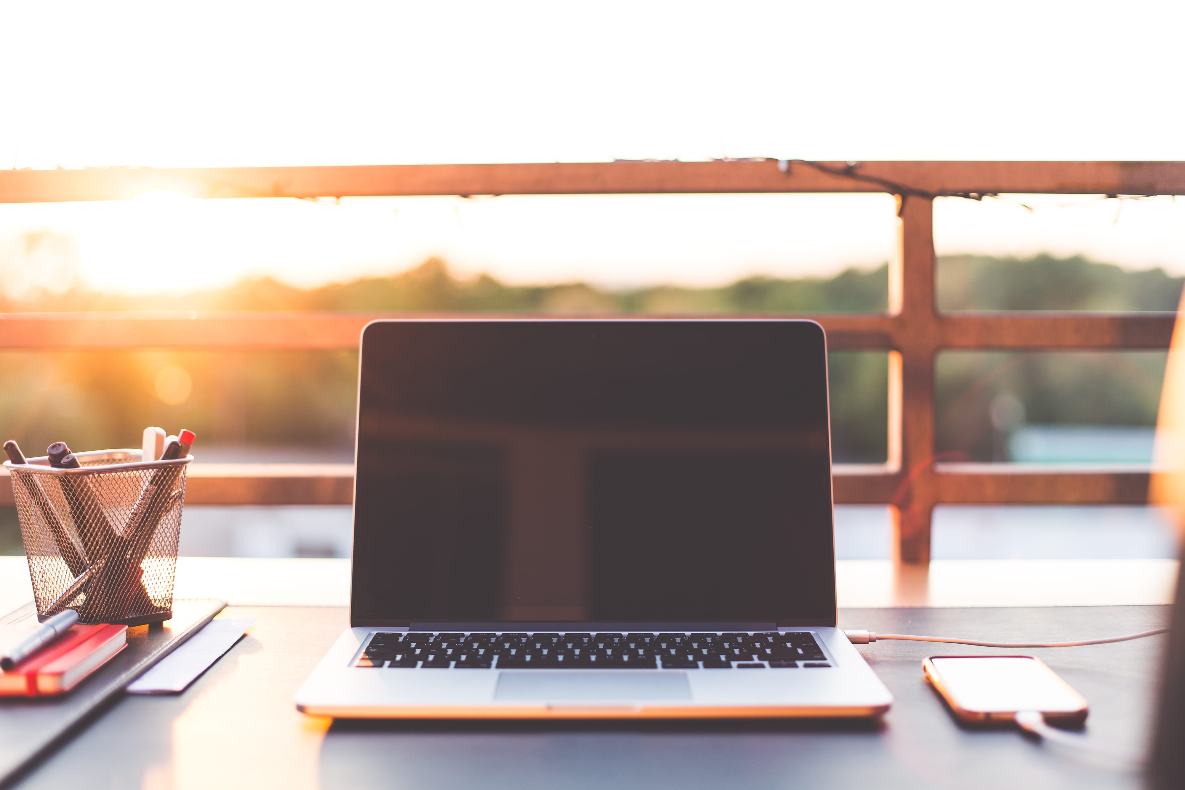 workday, outdoor office, desk, gardens, sun, home, computer Monitor, Sunset, day, portability, wireless technology, computer, wood - Material, outdoor, HD Wallpaper