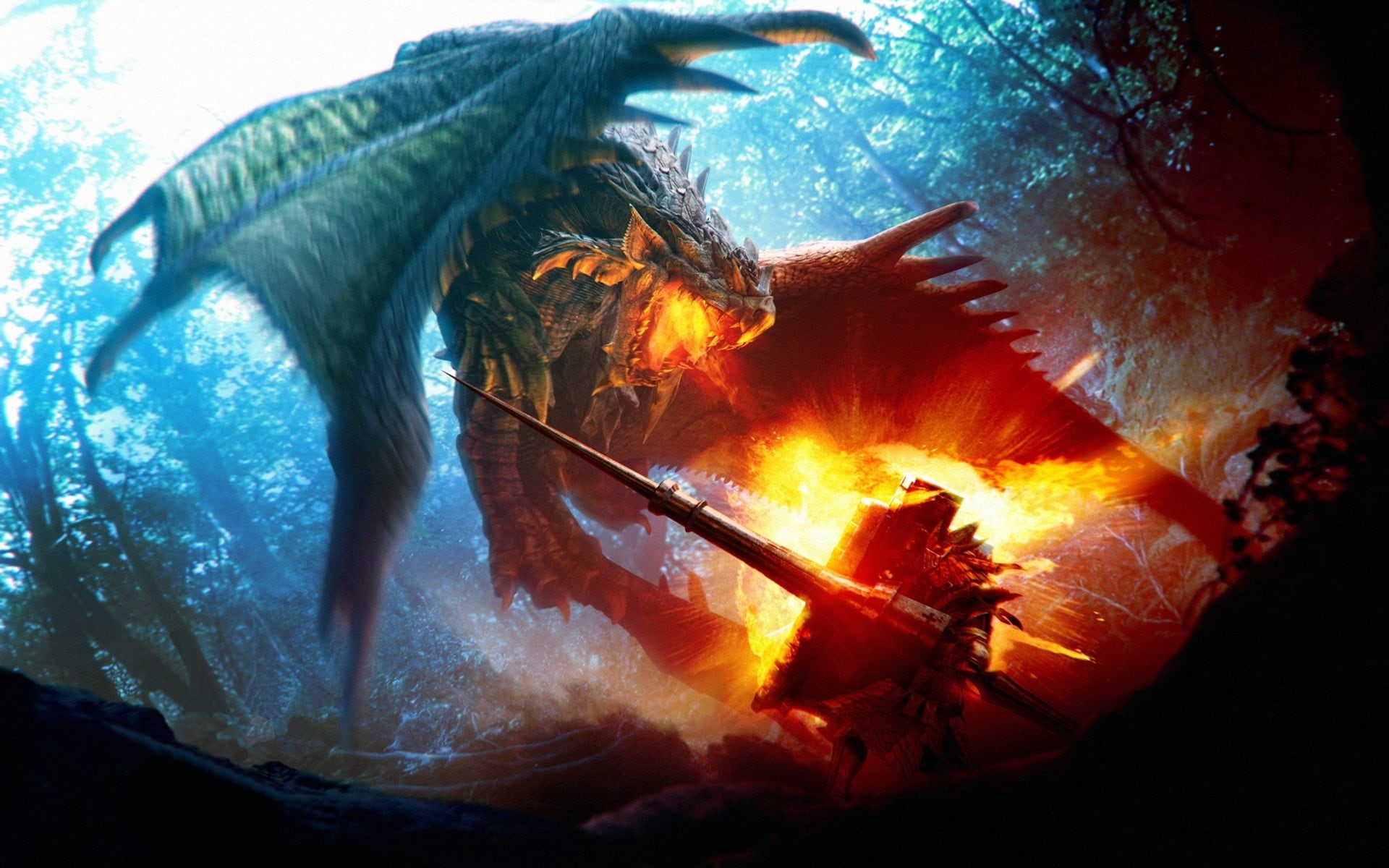 nature, fire, tree, plant part, fantasy art, plant, close-up, dragon, forest, leaf, warrior, orange color, food, burning, Monster Hunter: World, HD Wallpaper