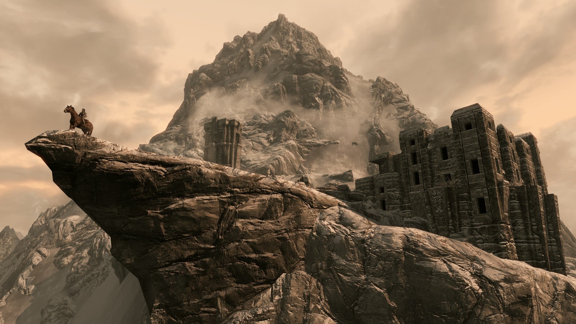 sky, religion, art and craft, building, rock, rock - object, digital, belief, game, cloud - sky, no people, spirituality, solid, The Elder Scrolls V: Skyrim, HD Wallpaper