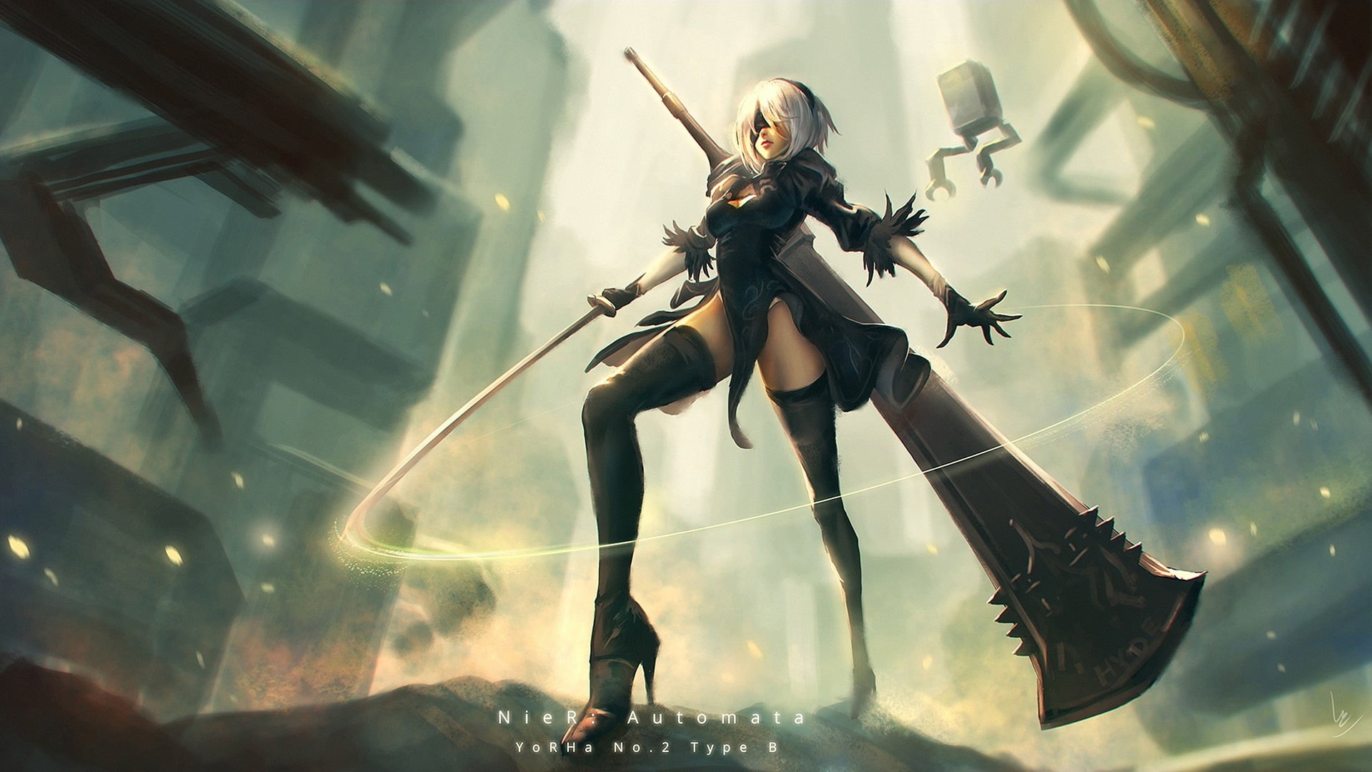 NieR, thighs, white hair, fantasy, clothing, 2B, fashion, anime, one person, female, indoors, adult, thigh-highs, digital composite, beautiful people, HD Wallpaper