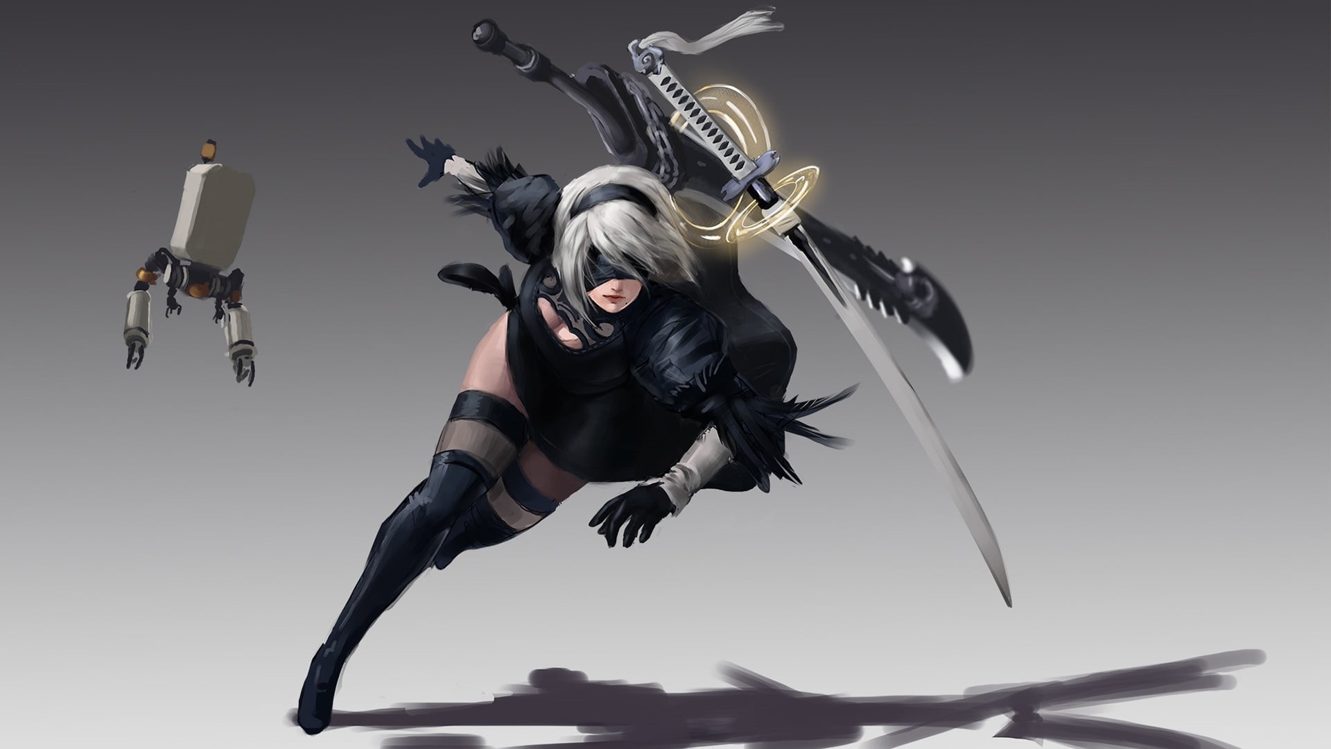 artwork, Nier: Automata, vitality, jumping, flying, young adult, katana, mid-air, 1080P, women, animal wildlife, 2B (Nier: Automata), thigh-highs, HD Wallpaper
