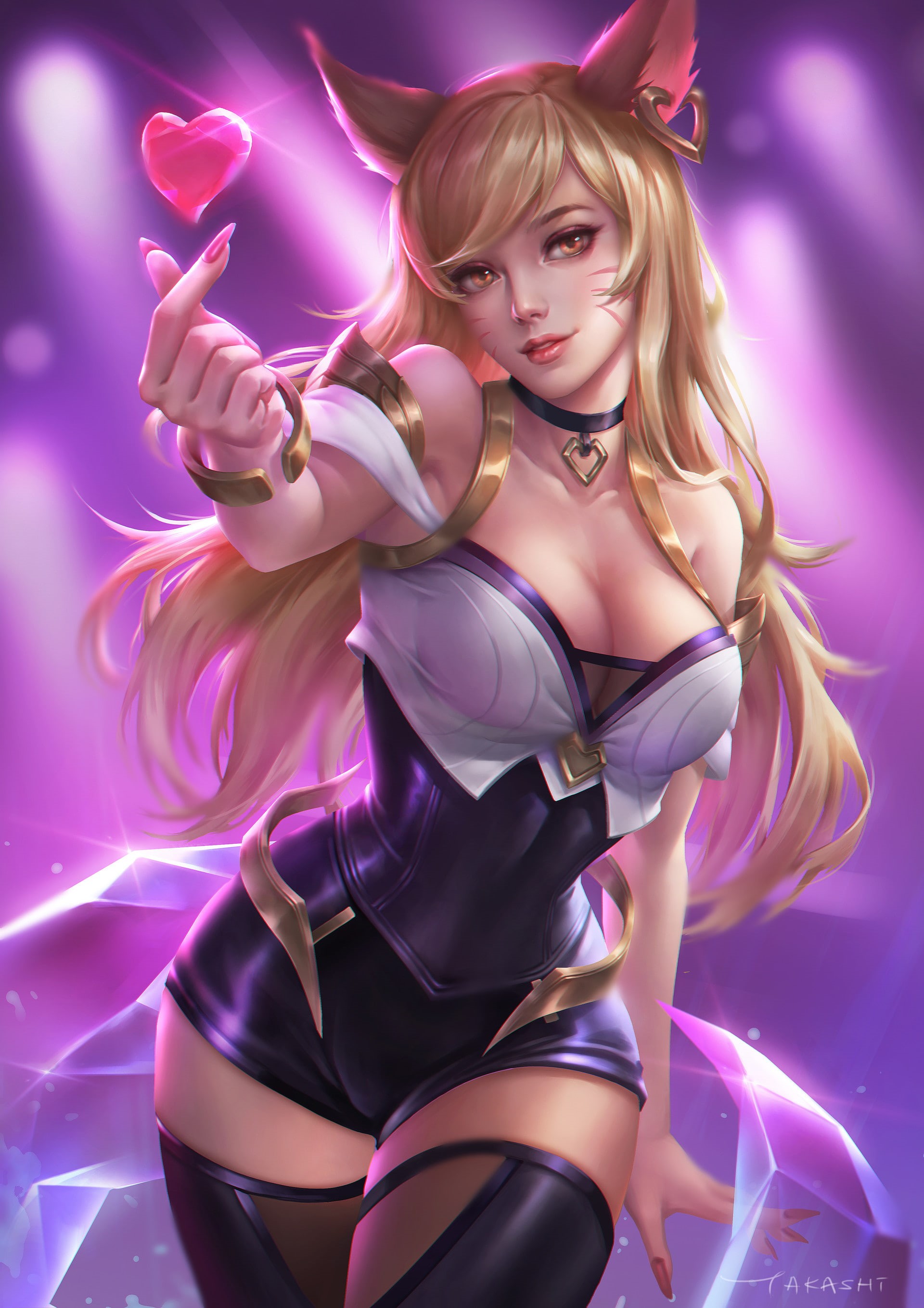 artwork, blonde, video games, portrait display, digital art, cleavage, thigh-highs, thighs, 2K, League of Legends, K/DA, women, Ahri, tight clothing, looking, Phone HD Wallpaper