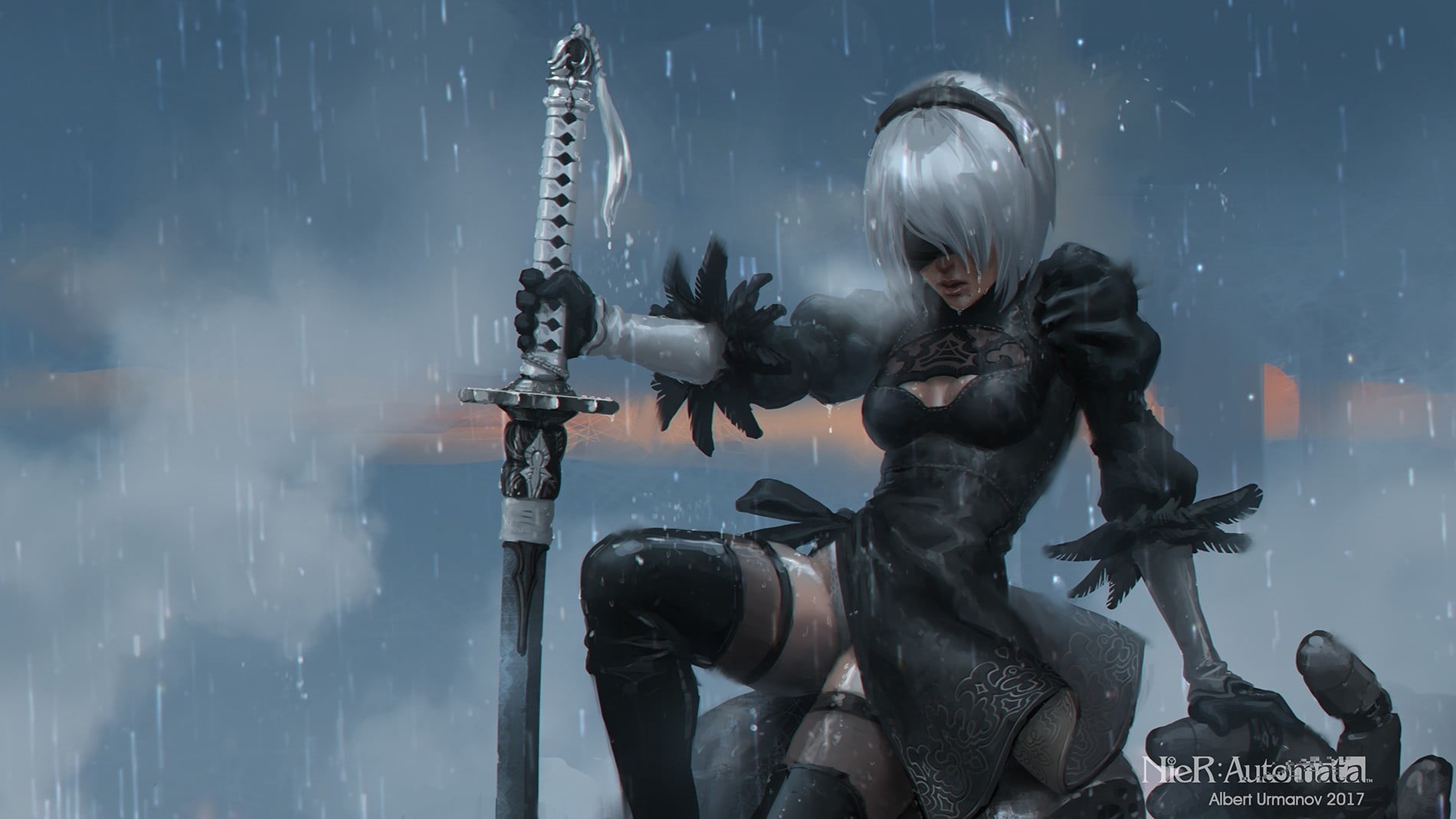 statue, digital, sculpture, no people, sword, hair, architecture, gray, built structure, nature, anime, outdoors, 2B (Nier: Automata), human representation, HD Wallpaper