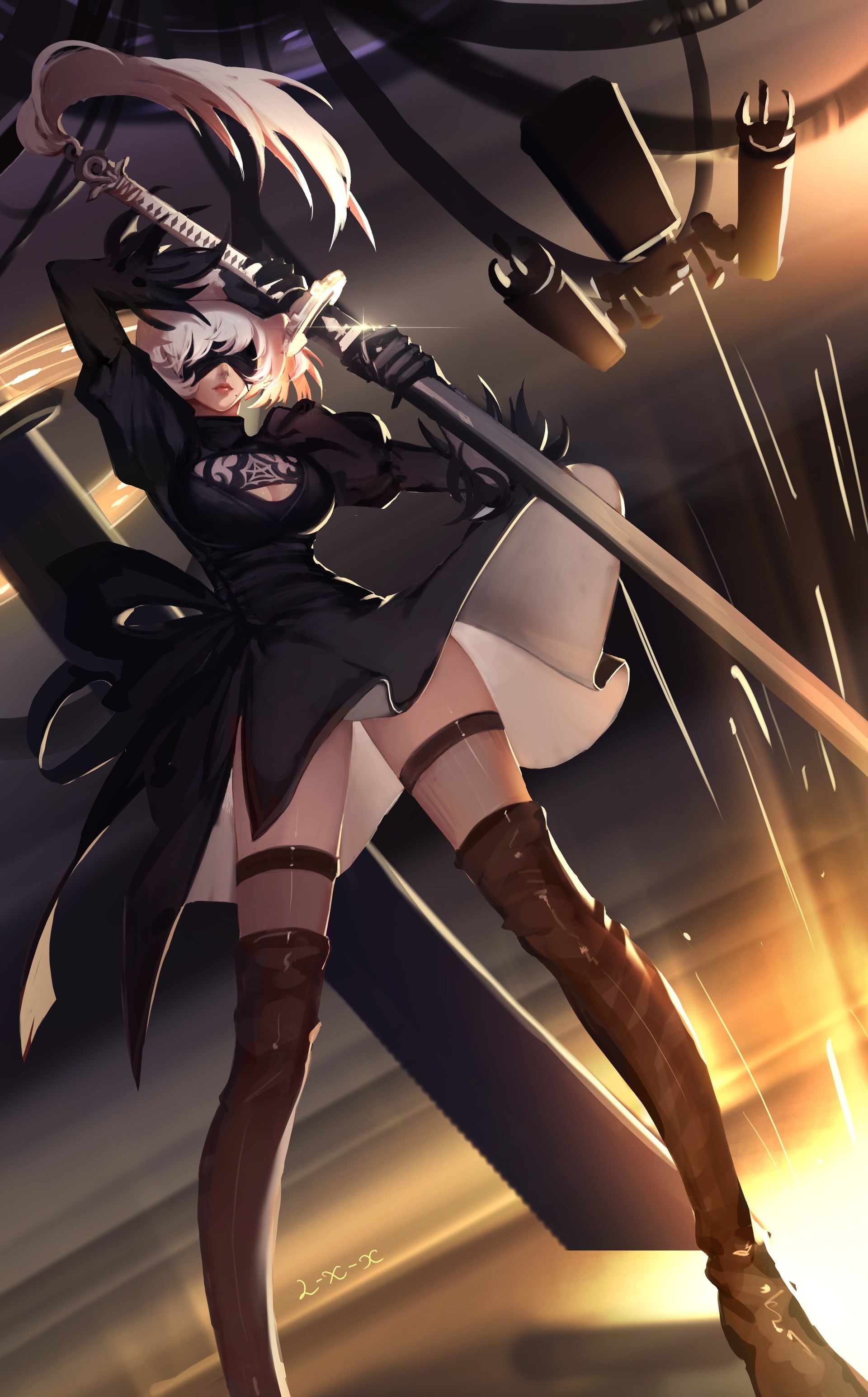indoors, thigh-highs, healthy lifestyle, futuristic, character, young adult, vitality, Nier: Automata, 2B (Nier: Automata), lifestyles, beautiful woman, Phone HD Wallpaper