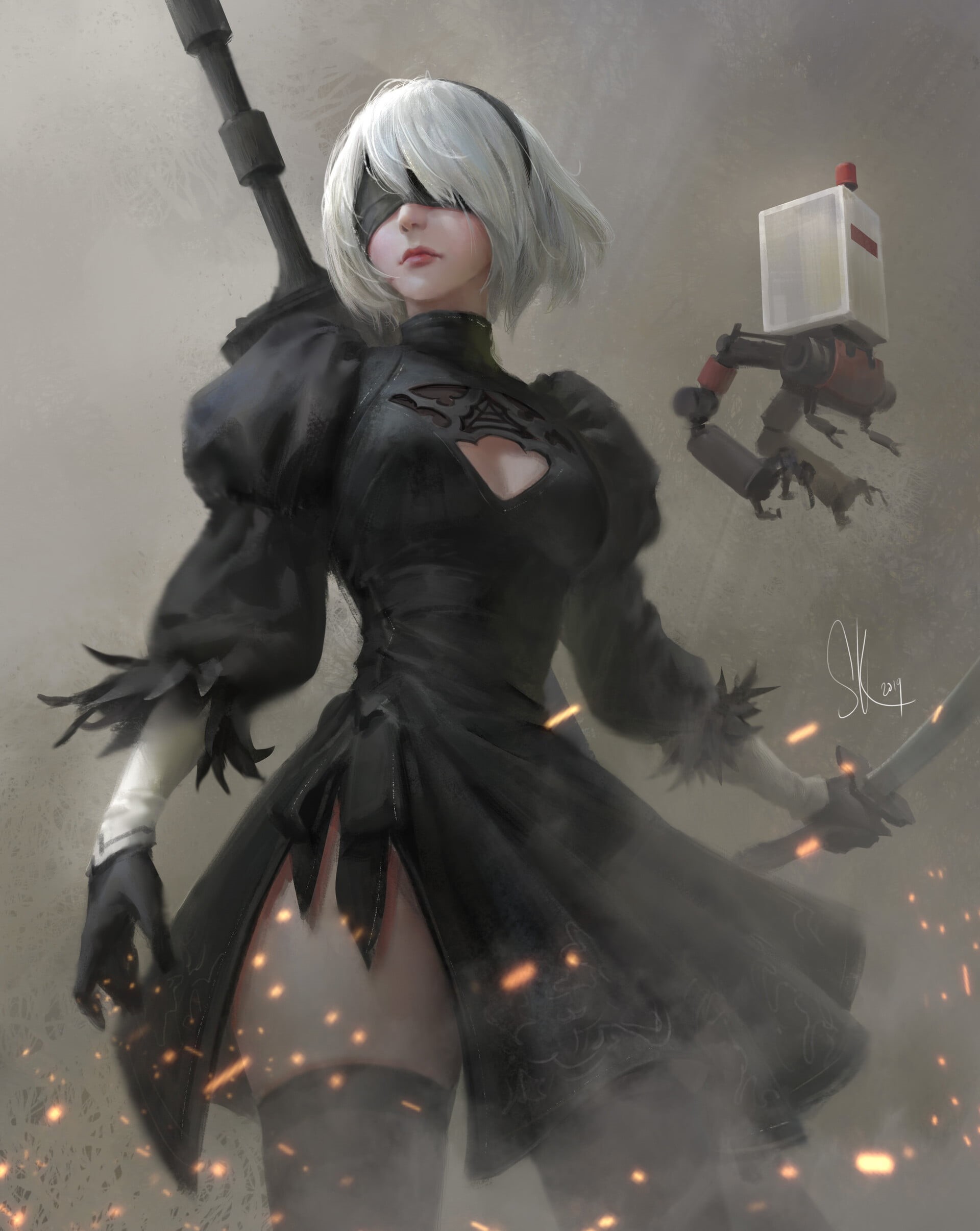 video games, digital art, katana, Nier: Automata, Francis Tneh, portrait display, artwork, blindfold, 2B (Nier: Automata), 1080P, Yorha unit no.2 type b, Phone HD Wallpaper