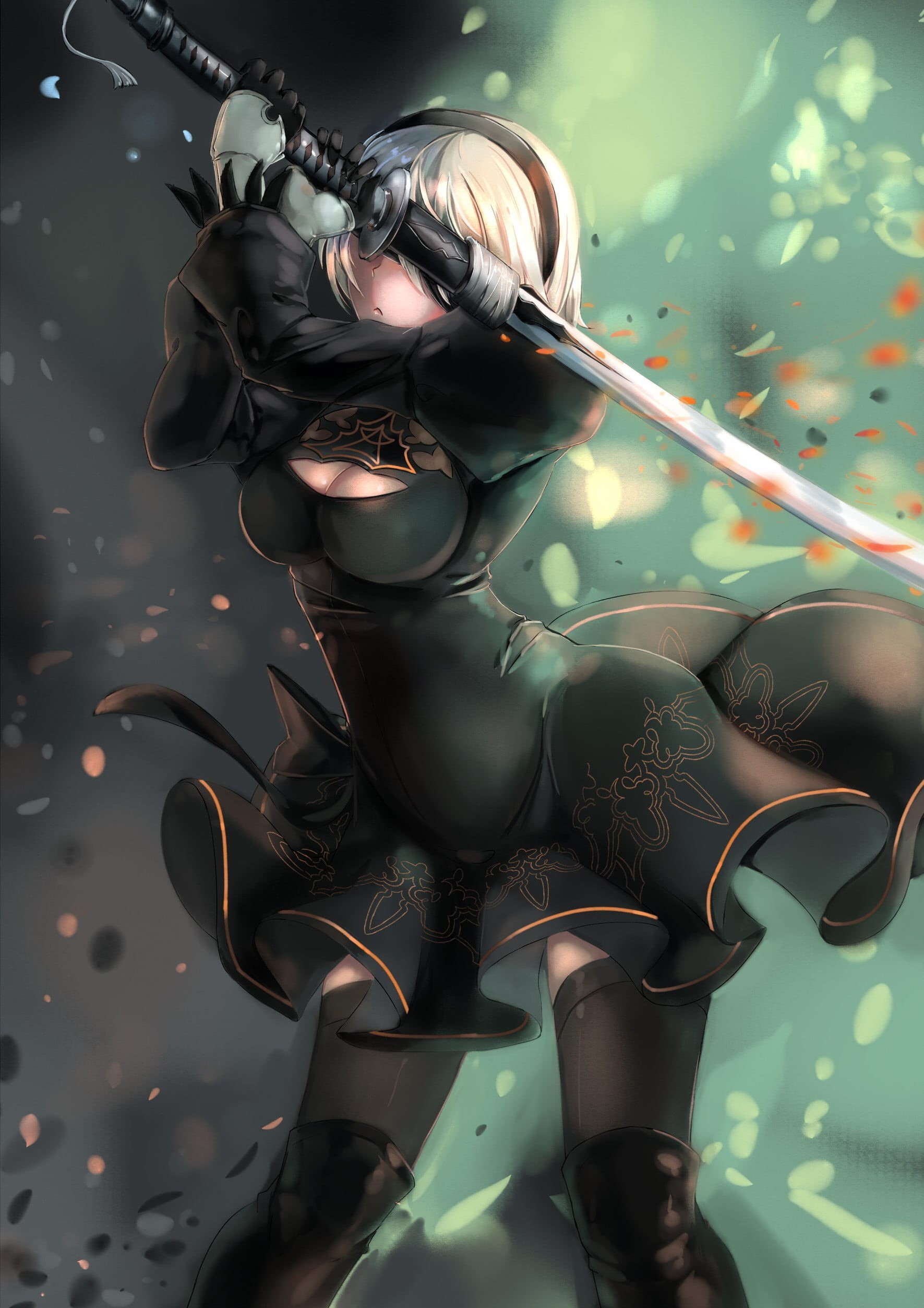 beautiful woman, people, open shirt, studio shot, black Color, pattern, women, digital composite, creativity, fantasy, weapon, indoors, katana, 1080P, Phone HD Wallpaper