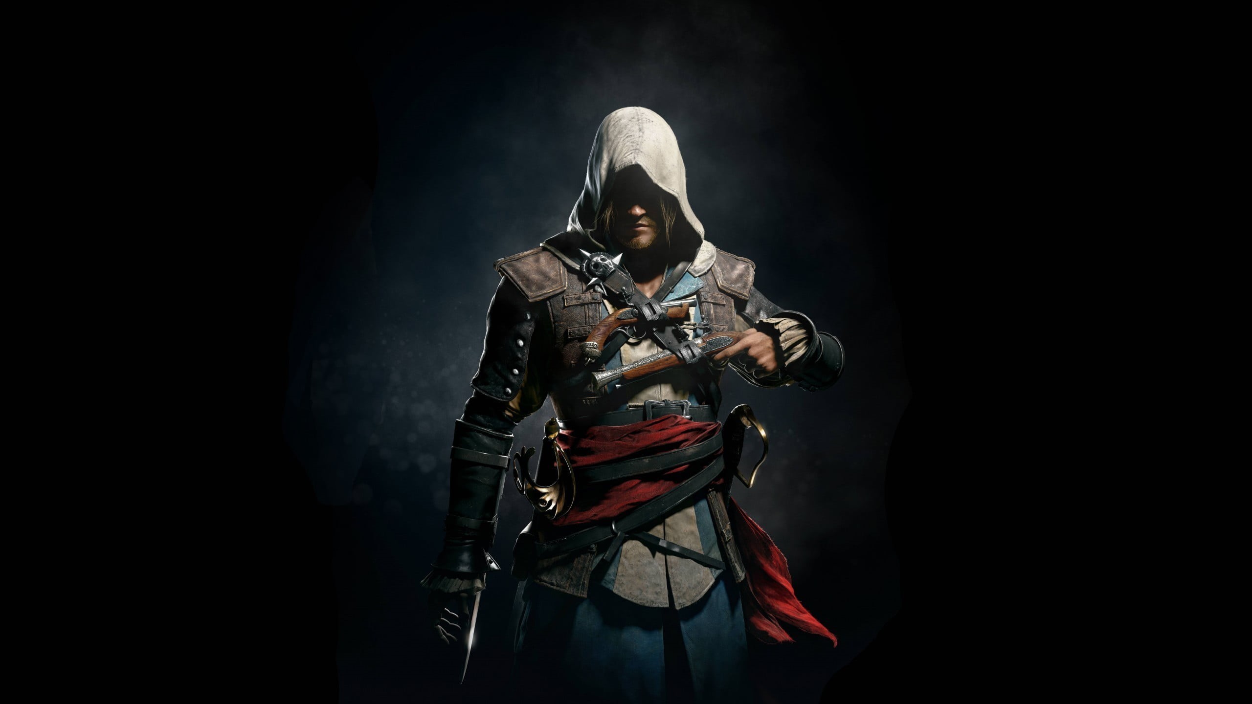 ezio, kenway, indoors, aggression, mid adult, 2K, sport, gun, digital, black background, obscured face, holding, clothing, rifle, hood - clothing, young adult, HD Wallpaper