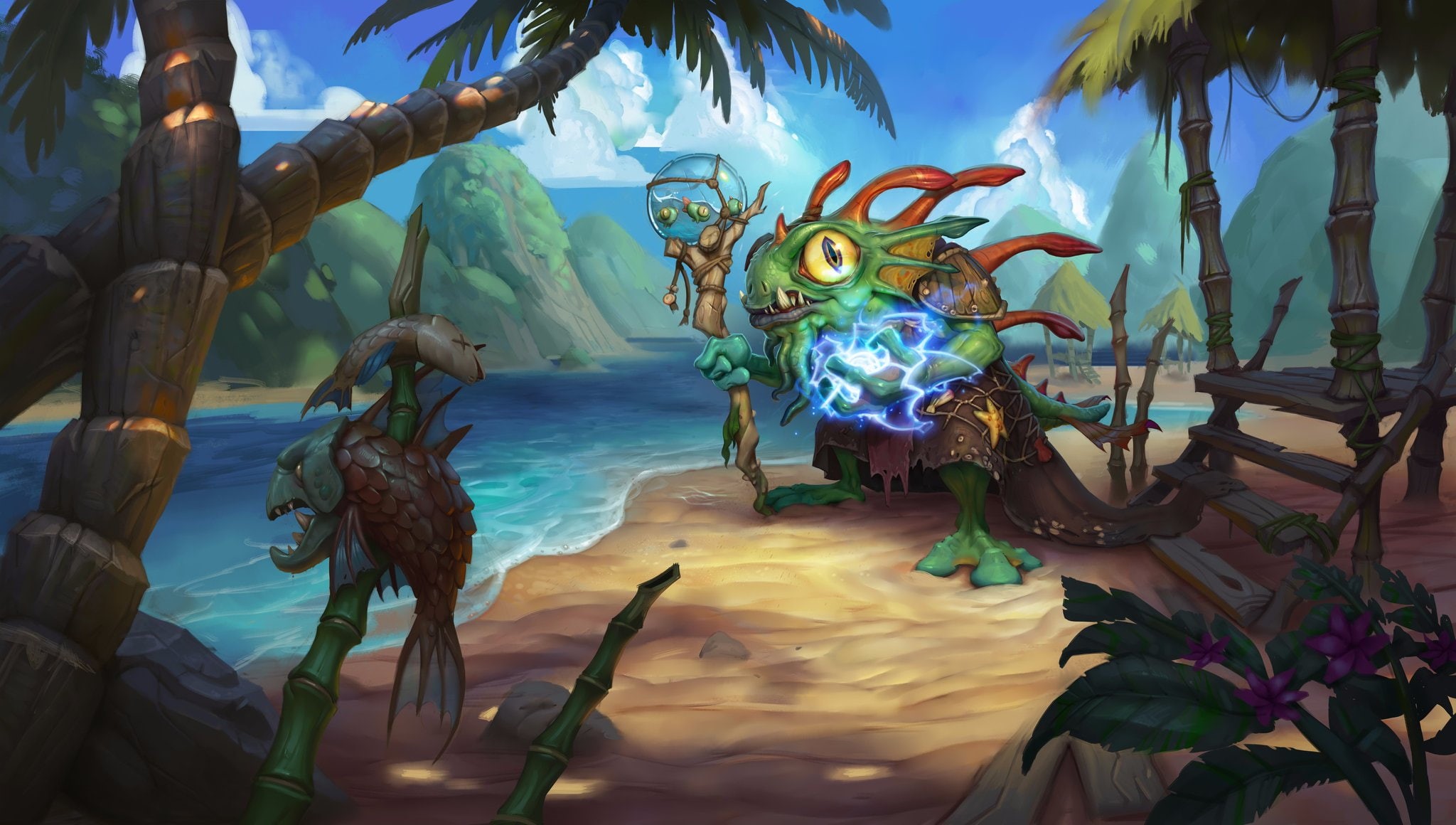 digital art, tree, art and craft, 1080P, video games, day, leaf, world of warcraft, fish, sky, artwork, Shaman, plant part, sculpture, water, representation, HD Wallpaper