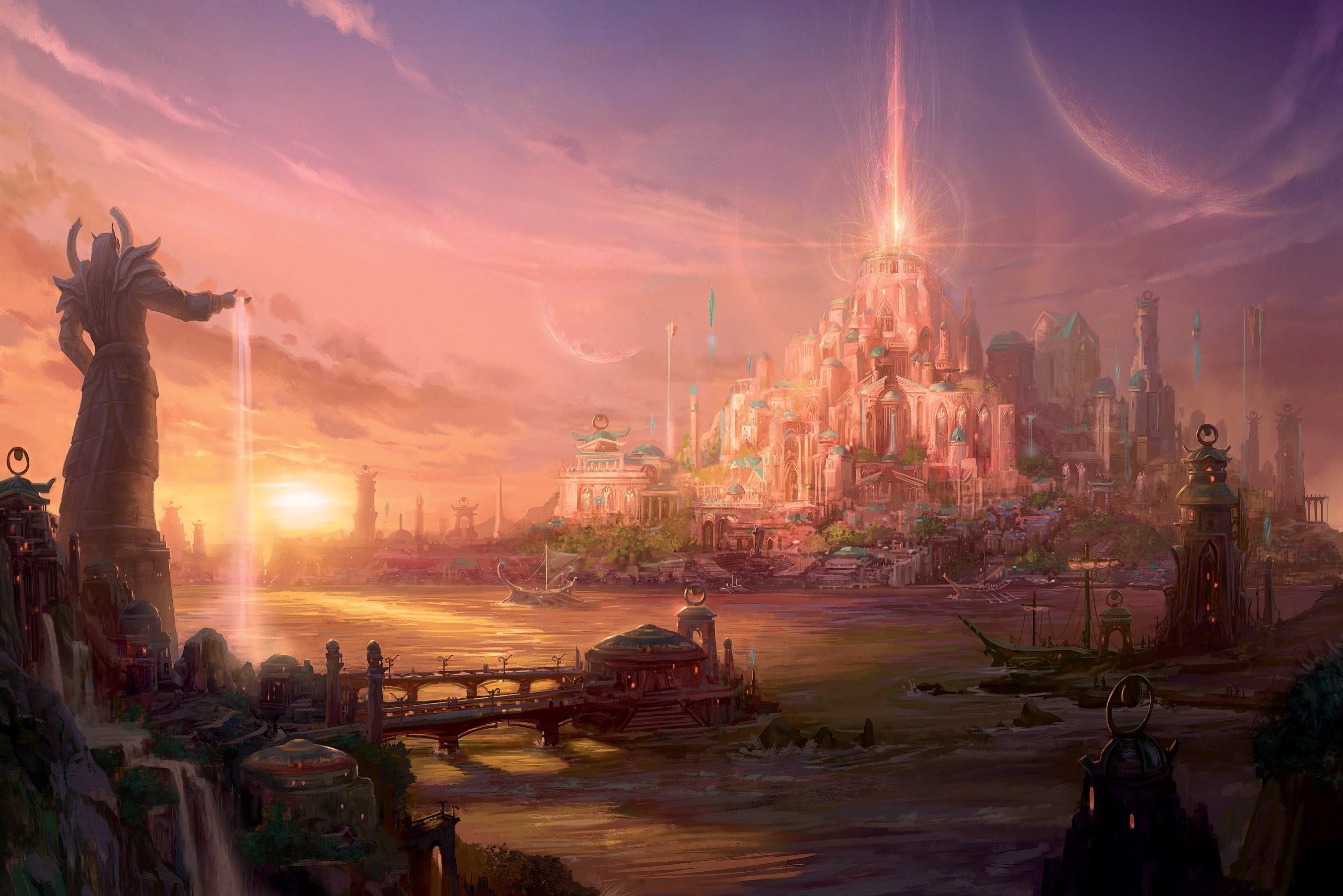World of Warcraft, office building exterior, sculpture, video games, art and craft, castle, spirituality, built structure, skyscraper, religion, night, HD Wallpaper