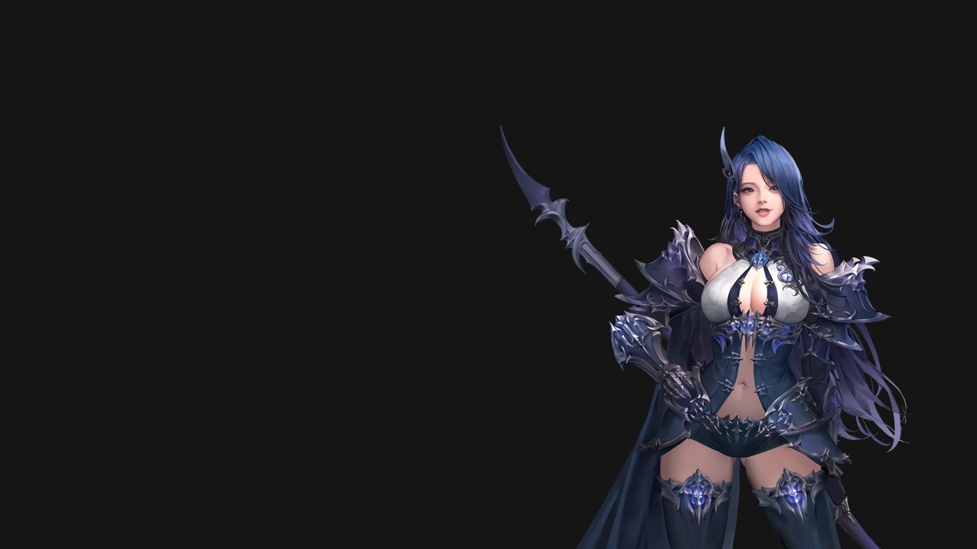 blue eyes, blue hair, digital art, League of Angels, anime, tight clothing, cleavage, anime girls, 1080P, thighs, video games, thigh-highs, looking at viewer, HD Wallpaper