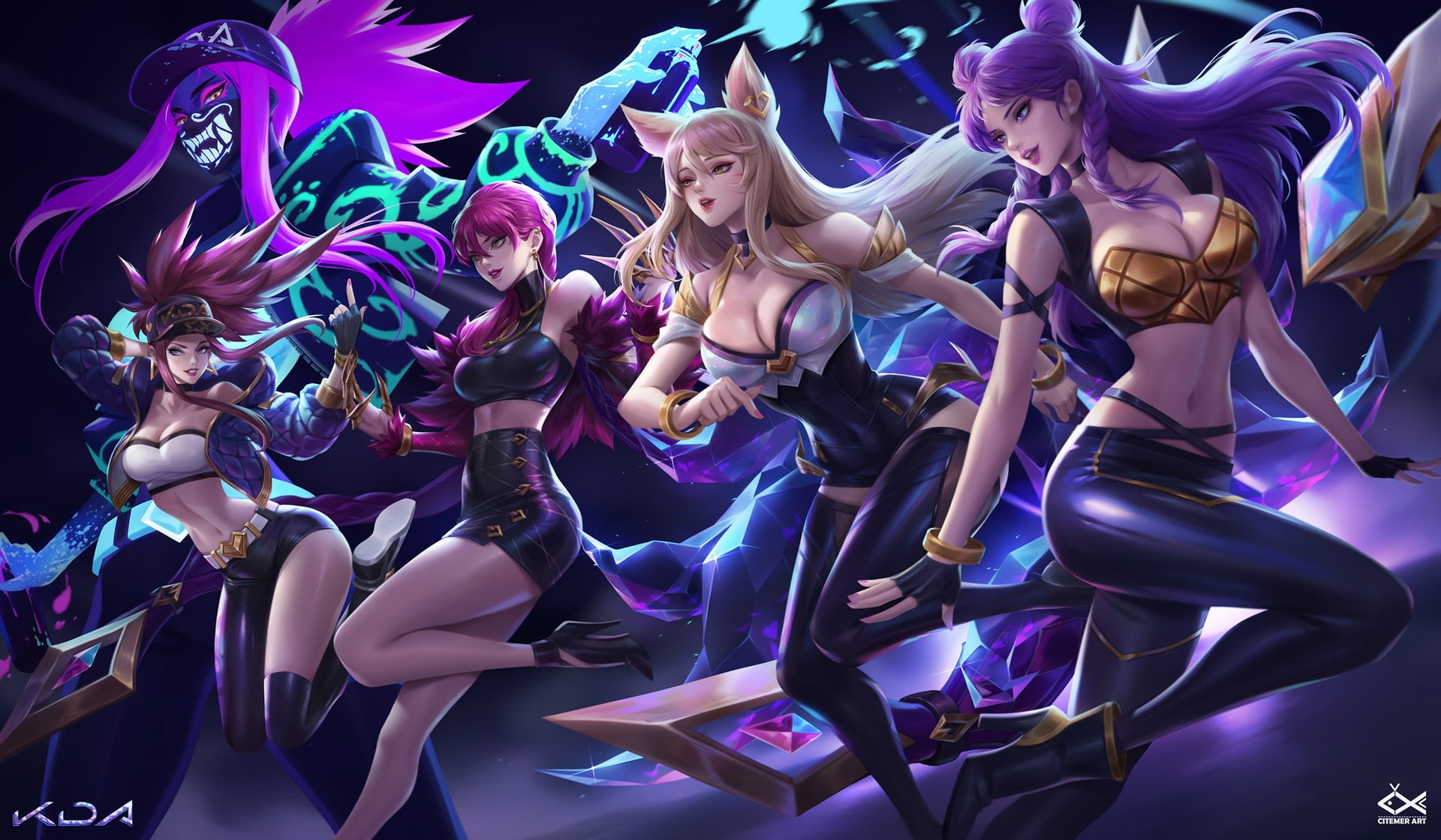 women, looking away, K/DA, digital art, 1080P, animal ears, legs, League of Legends, video games, Akali(League of Legends), Citemer Liu, Video Game Art, HD Wallpaper