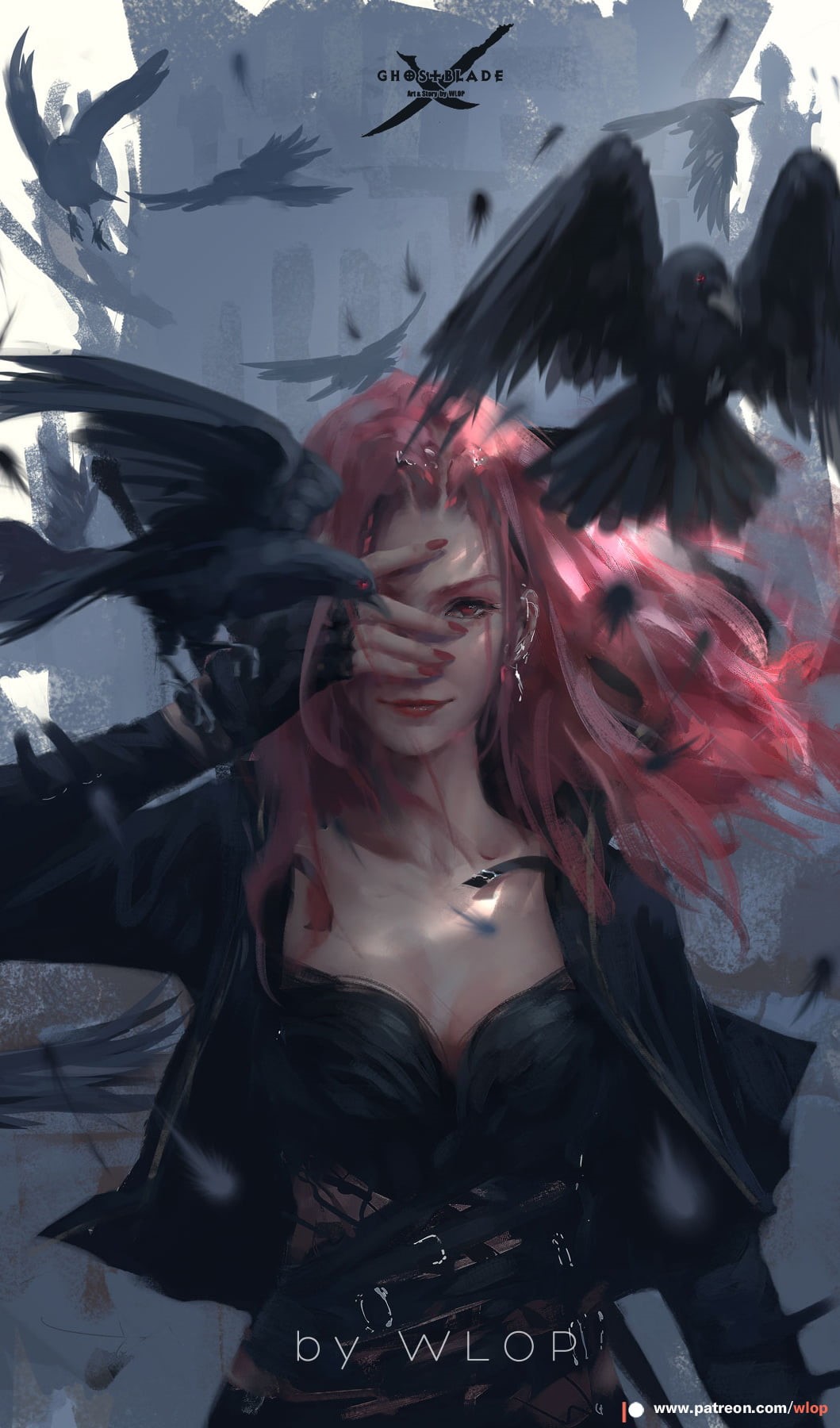 birds, fantasy girl, fantasy art, 720P, anime girls, anime, Ghost Blade, WLOP, redhead, painted nails, Phone HD Wallpaper