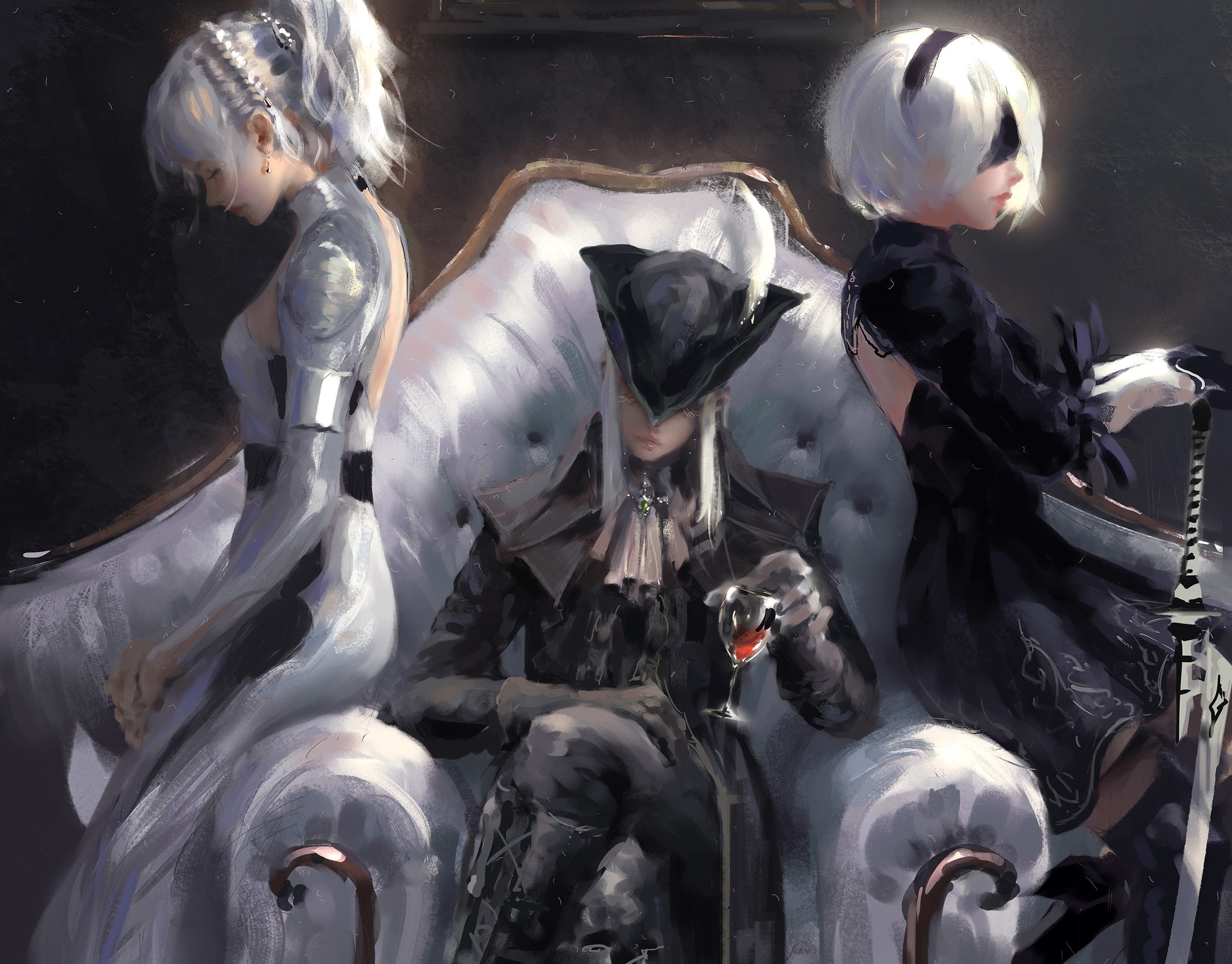 women, video games, sitting, Bloodborne, Nier: Automata, Final Fantasy XV, WLOP, digital art, Lady Maria, fantasy girl, 2K, warrior, HD Wallpaper