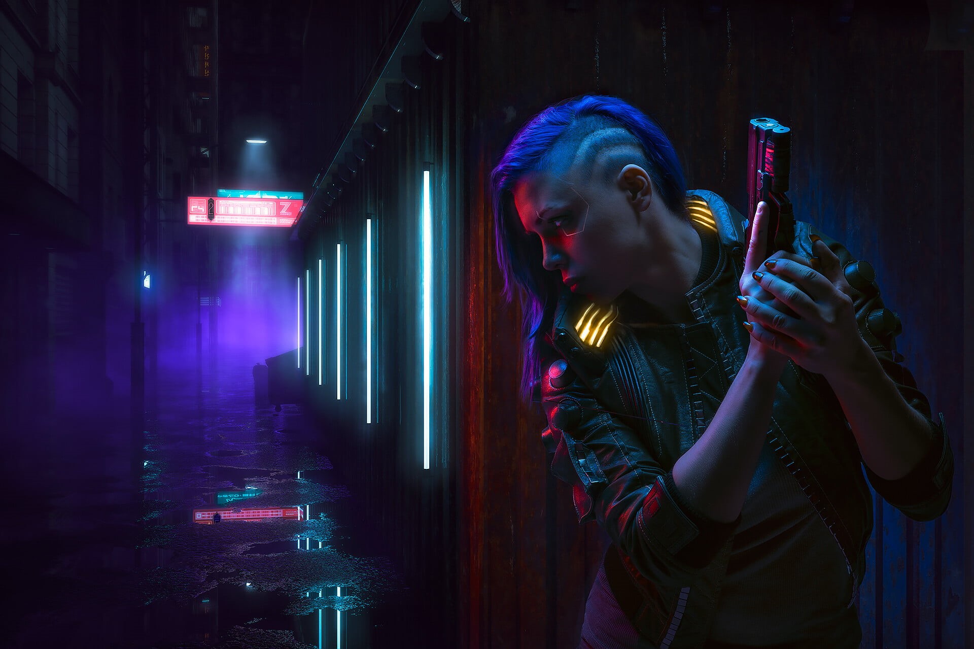 Cyberpunk 2077, gun, sidecut, cyberpunk, futuristic, neon, cyber, Octokuro, women, 1080P, pistol, HD Wallpaper