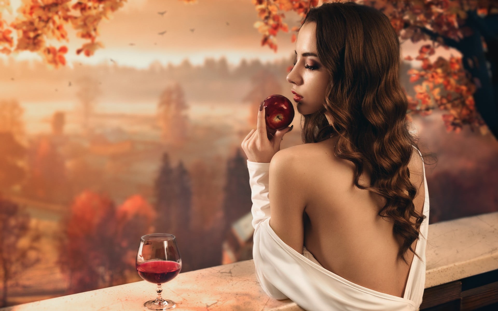 wineglass, 1080P, hairstyle, trees, outdoors, real people, long hair, open mouth, refreshment, model, leaves, portrait, beauty, apples, woman, adult, nature, HD Wallpaper