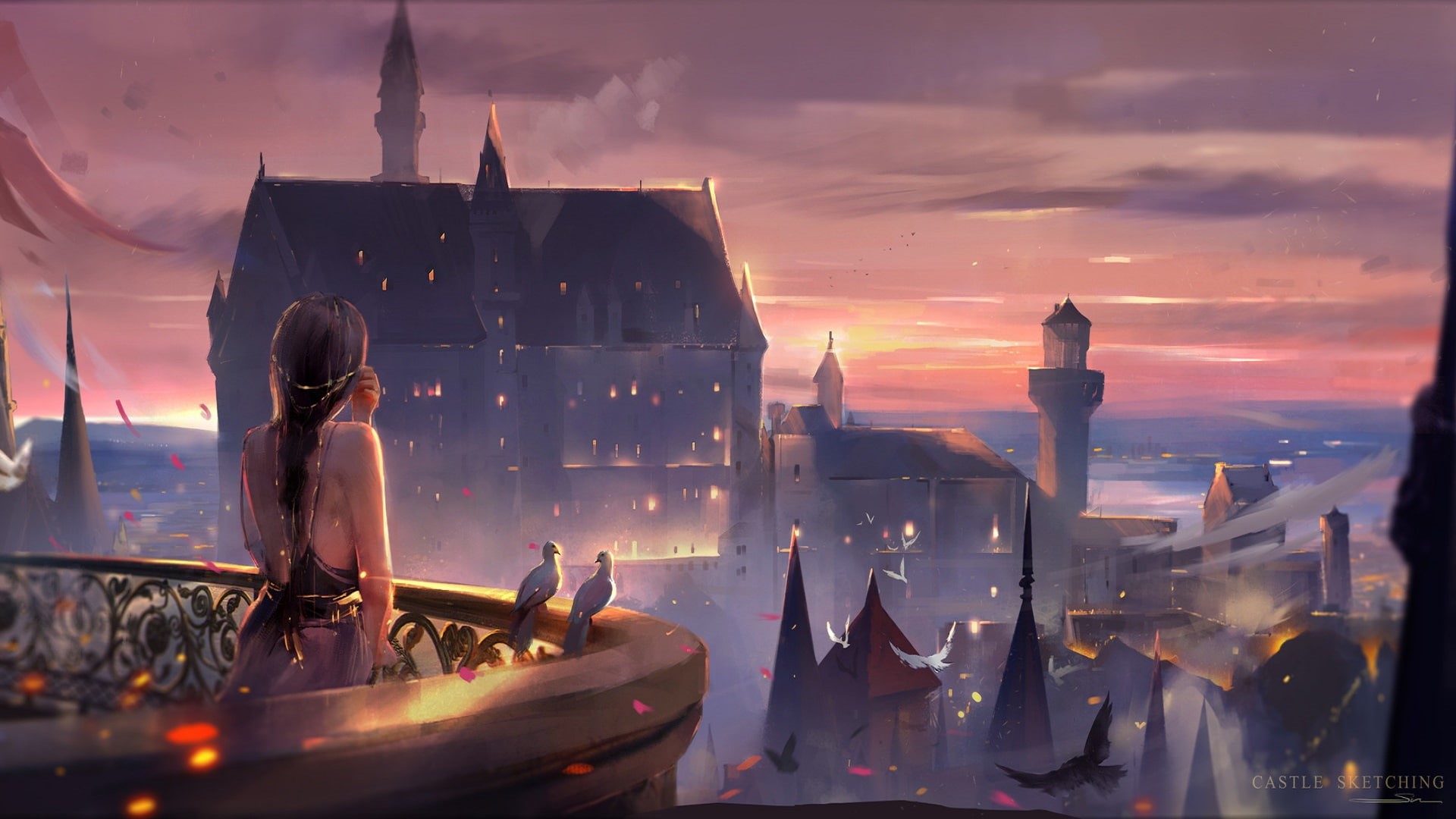 the roofs of the houses, long hair, the sky, tower, from the back, castle, Wlop, 1080P, the light in the Windows, Castle Sketching, art, the evening, spires, HD Wallpaper