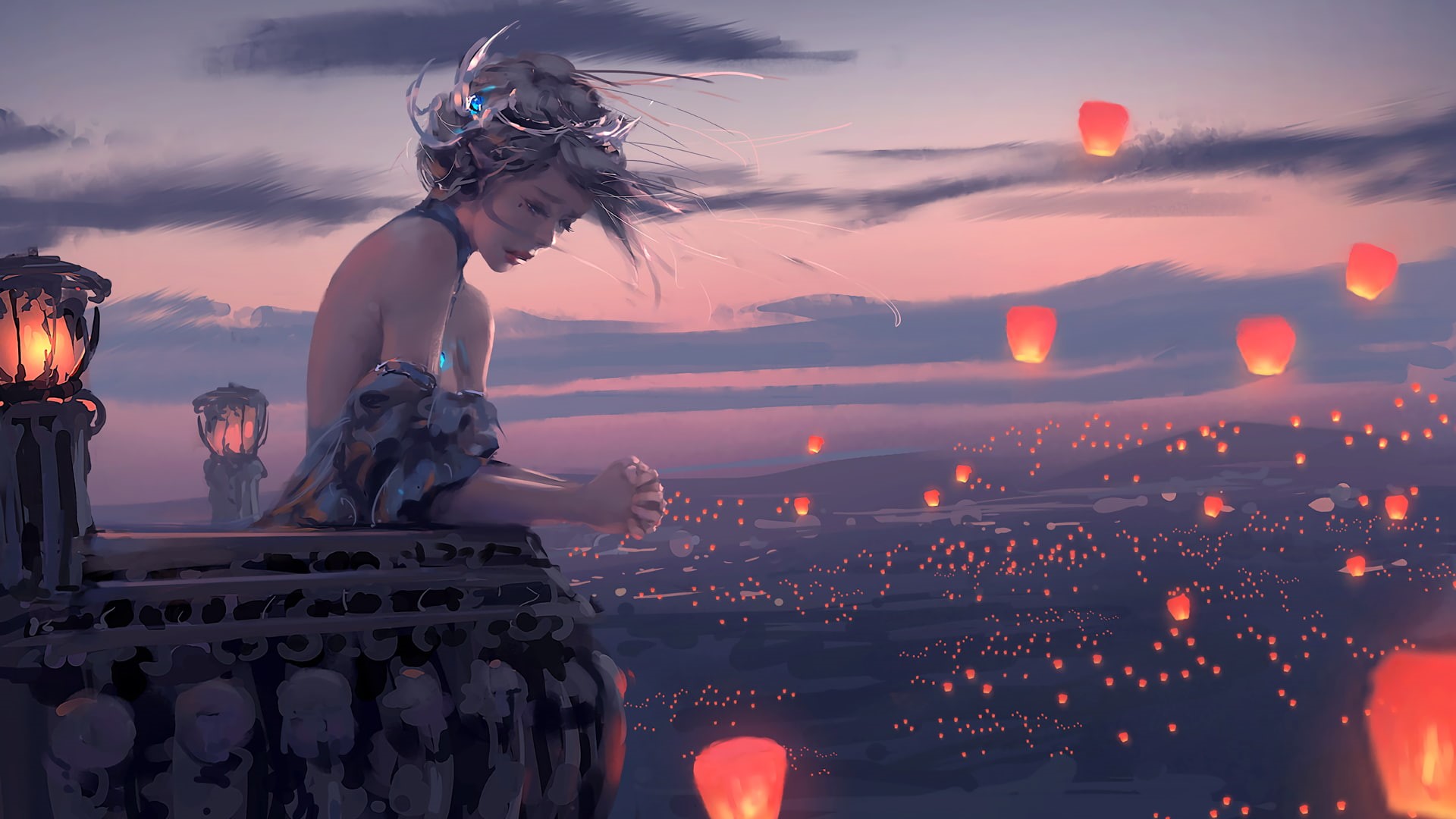 crown, princess, painting, sky lanterns, wind, balcony, WLOP, fictional, 1080P, HD Wallpaper