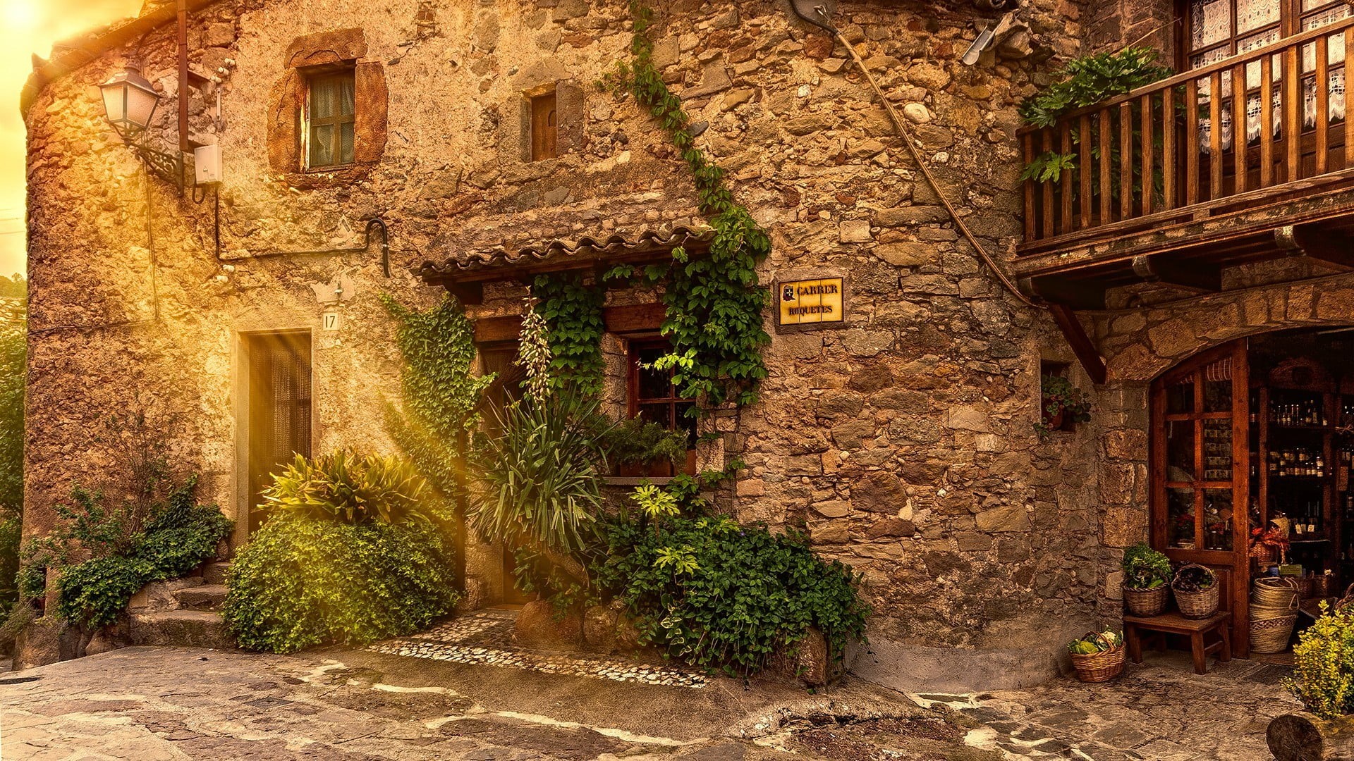 day, village, alley, facade, tree, countryside, religion, old, window, belief, town, built structure, street, door, flower, home, wall, 1080P, courtyard, HD Wallpaper